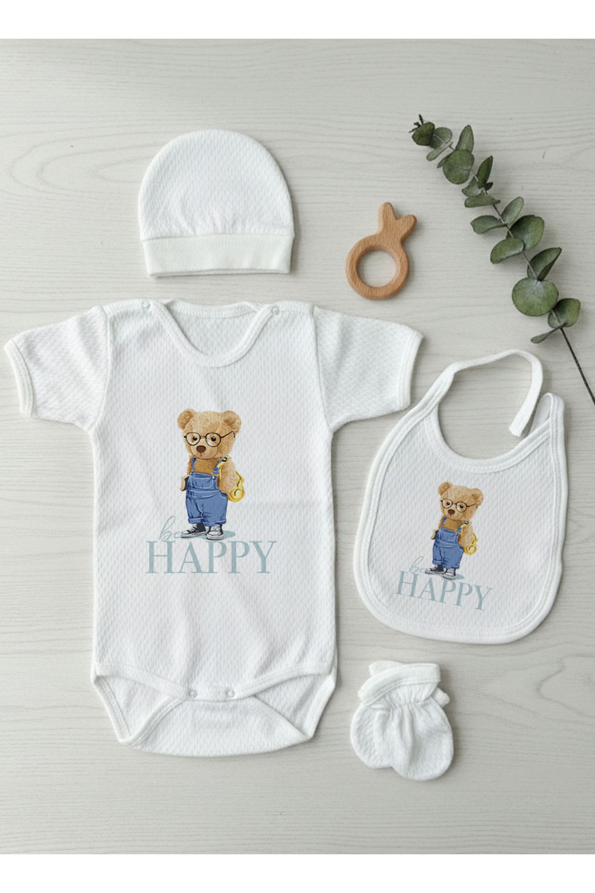 Jakarlı Body Seti - Pure Baby - Salopetli Ayıcık
