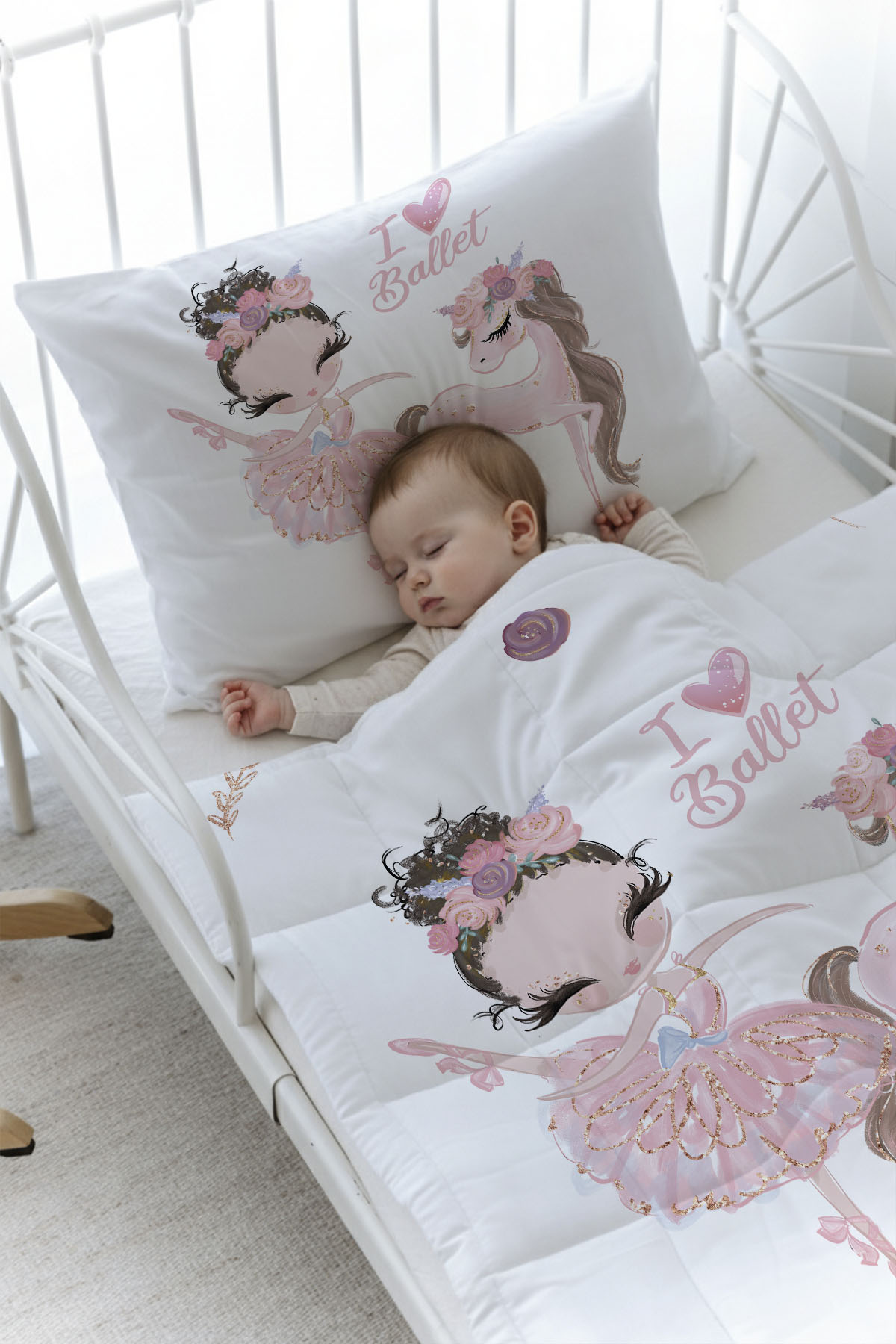 Organik Baskılı Yorgan Seti - For Baby Serisi - Pembe Tütülü Balerin Ve Unicorn