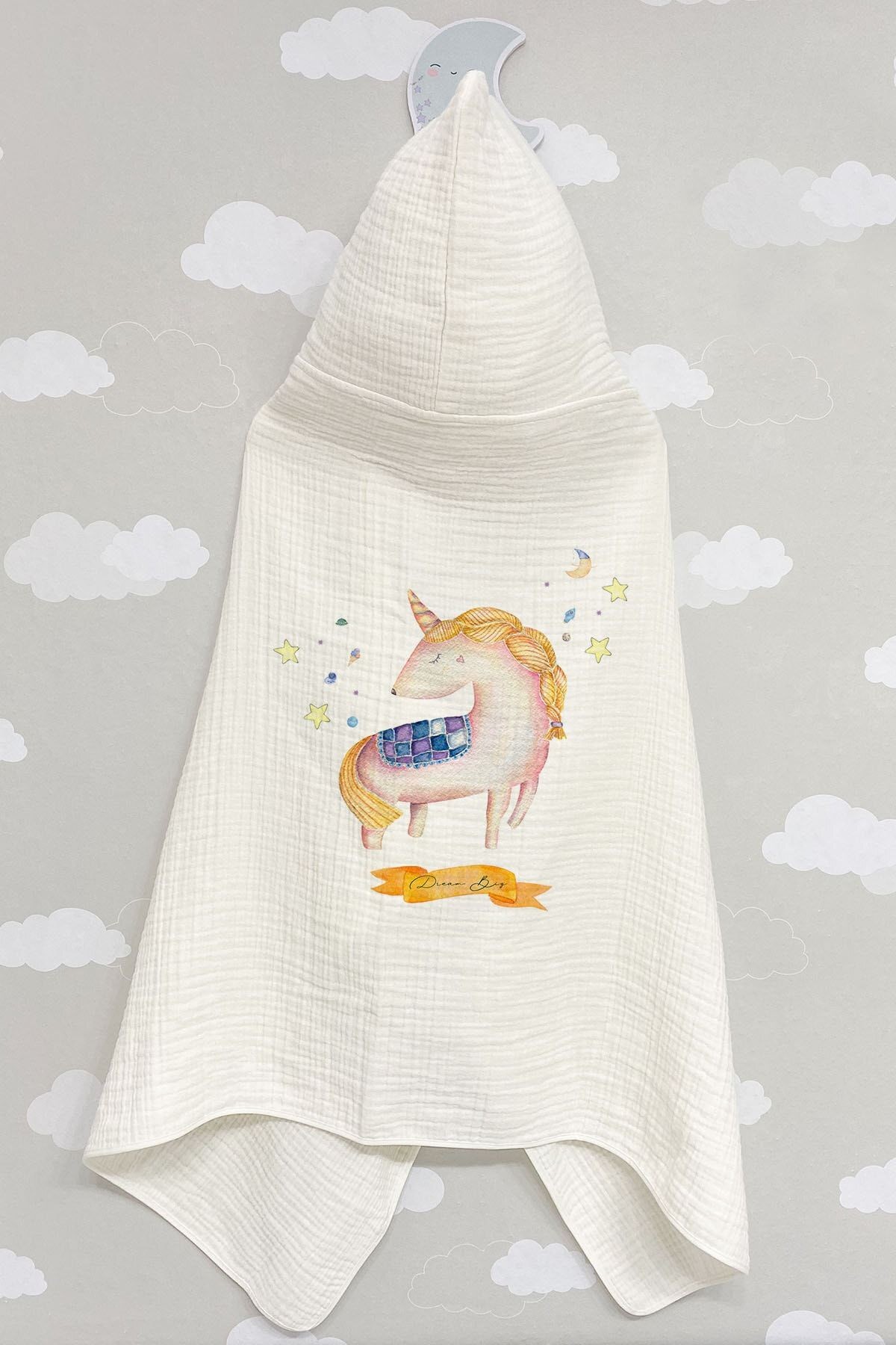 4 Kat Müslin Kapüşonlu Havlu - Pure Baby Serisi - Yıldızlar Altında Unicorn