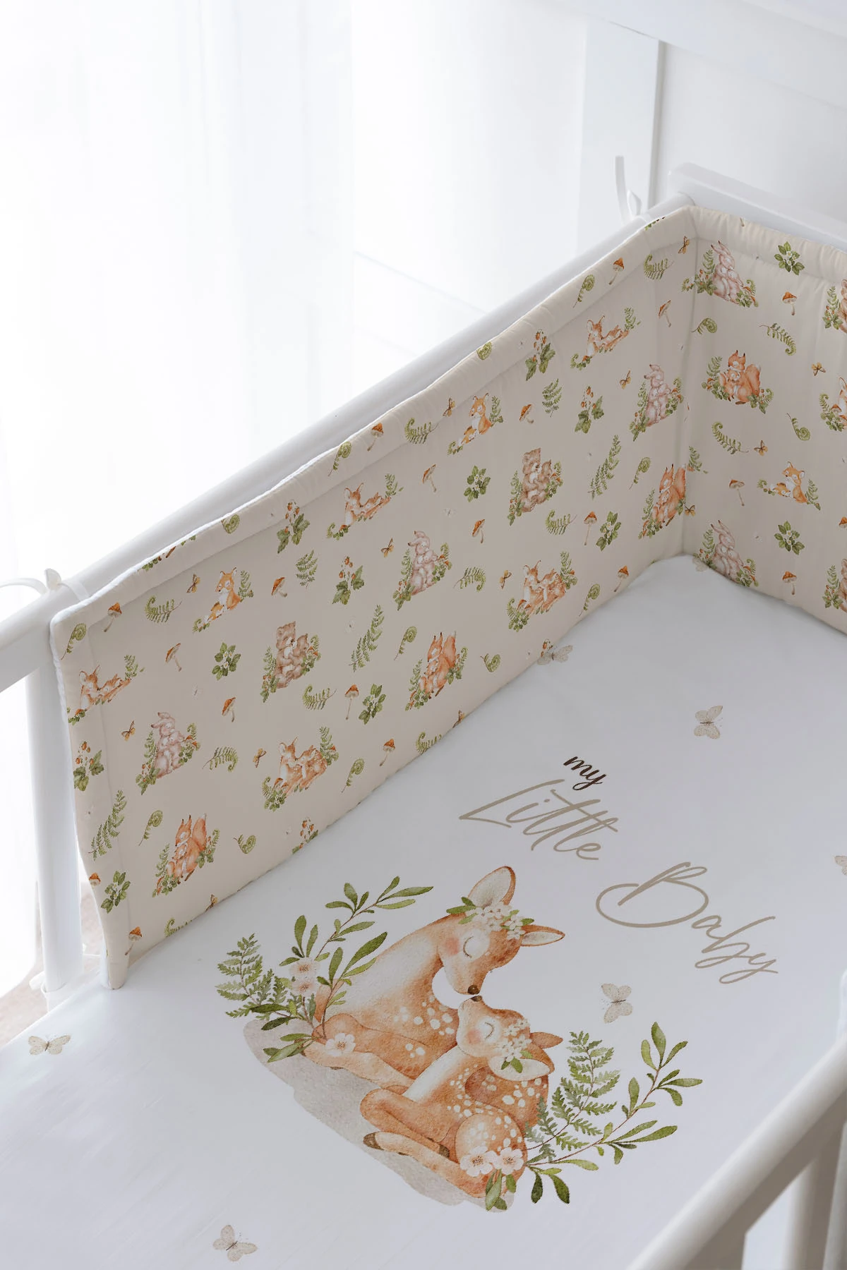 Bebek Başucu Koruyucu ve Baskılı Çarşaflı Uyku Seti - For Baby Serisi - Mom And Baby Deer