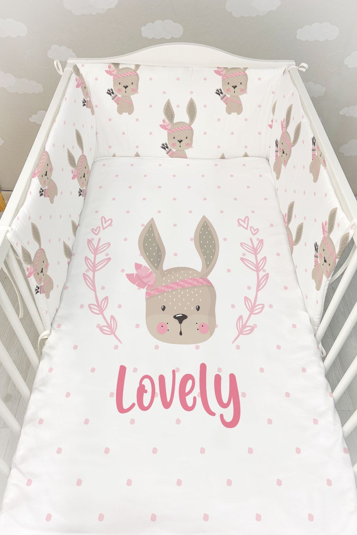 Bebek Başucu Koruyucu ve Baskılı Çarşaflı Uyku Seti - For Baby Serisi - Boho Tavşan