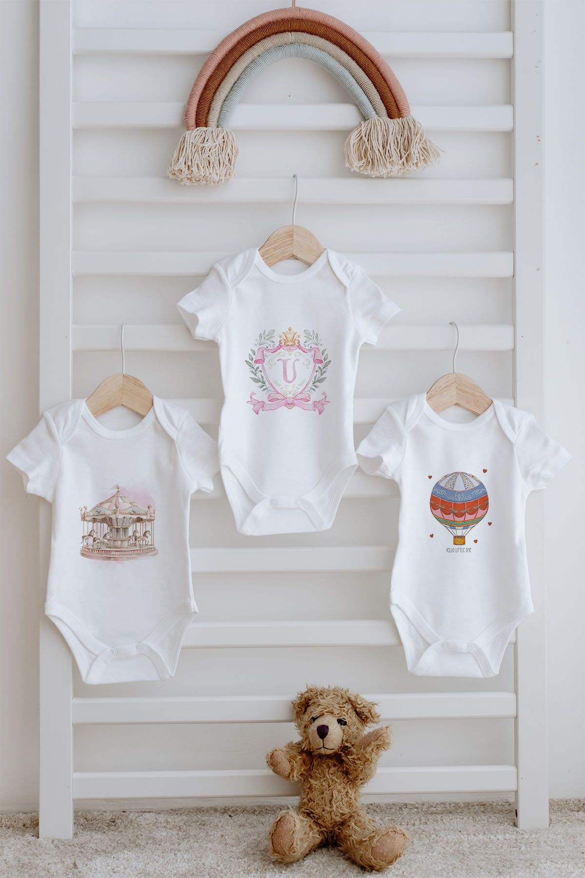 3'lü Bebek Body - Pink Royal Series  - U Harfi