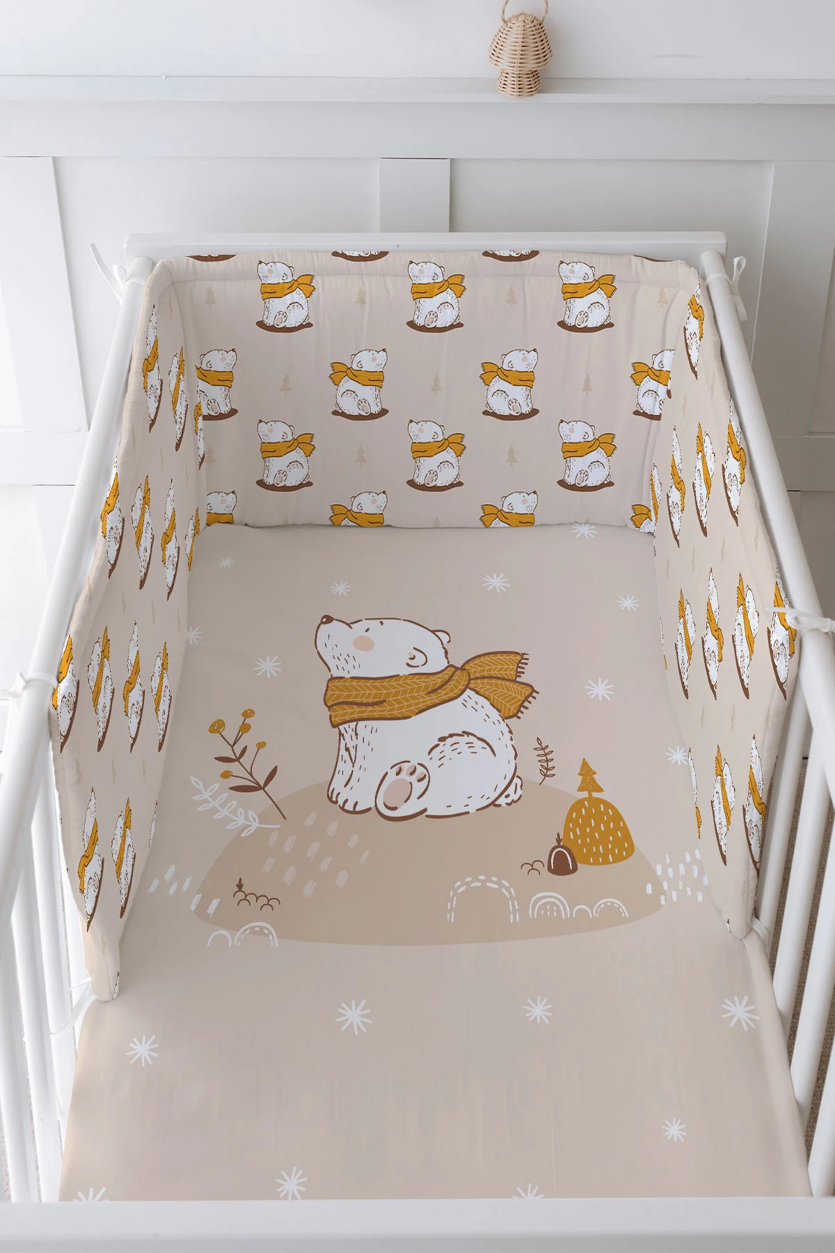 Bebek Başucu Koruyucu ve Baskılı Çarşaflı Uyku Seti - For Baby Serisi - Kahverengi Atkılı Ayı