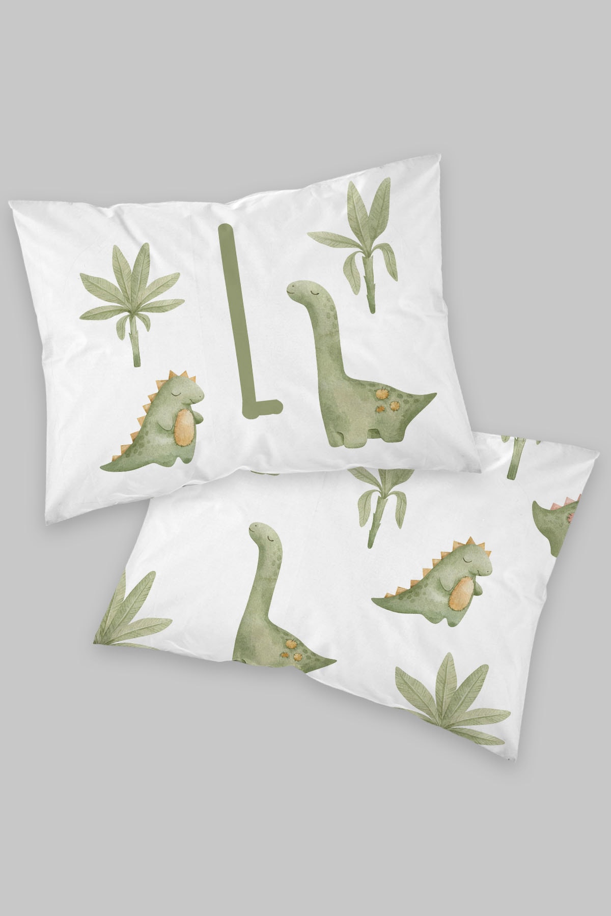 2'li Yastık Kılıfı - Yeşil Dinazorlu - Harf Serisi - L Harfi