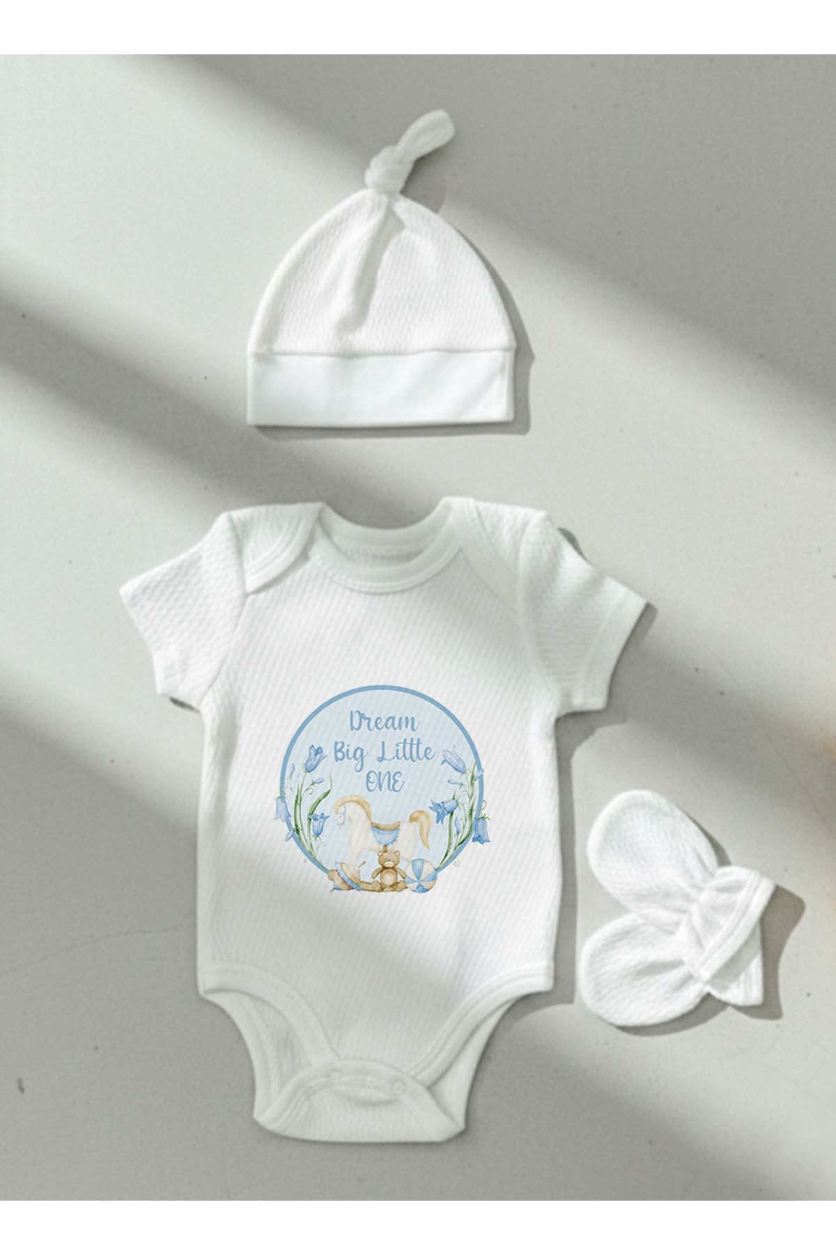 Jakarlı Body Şapka Eldiven - For Baby - Mavi Sallanan At