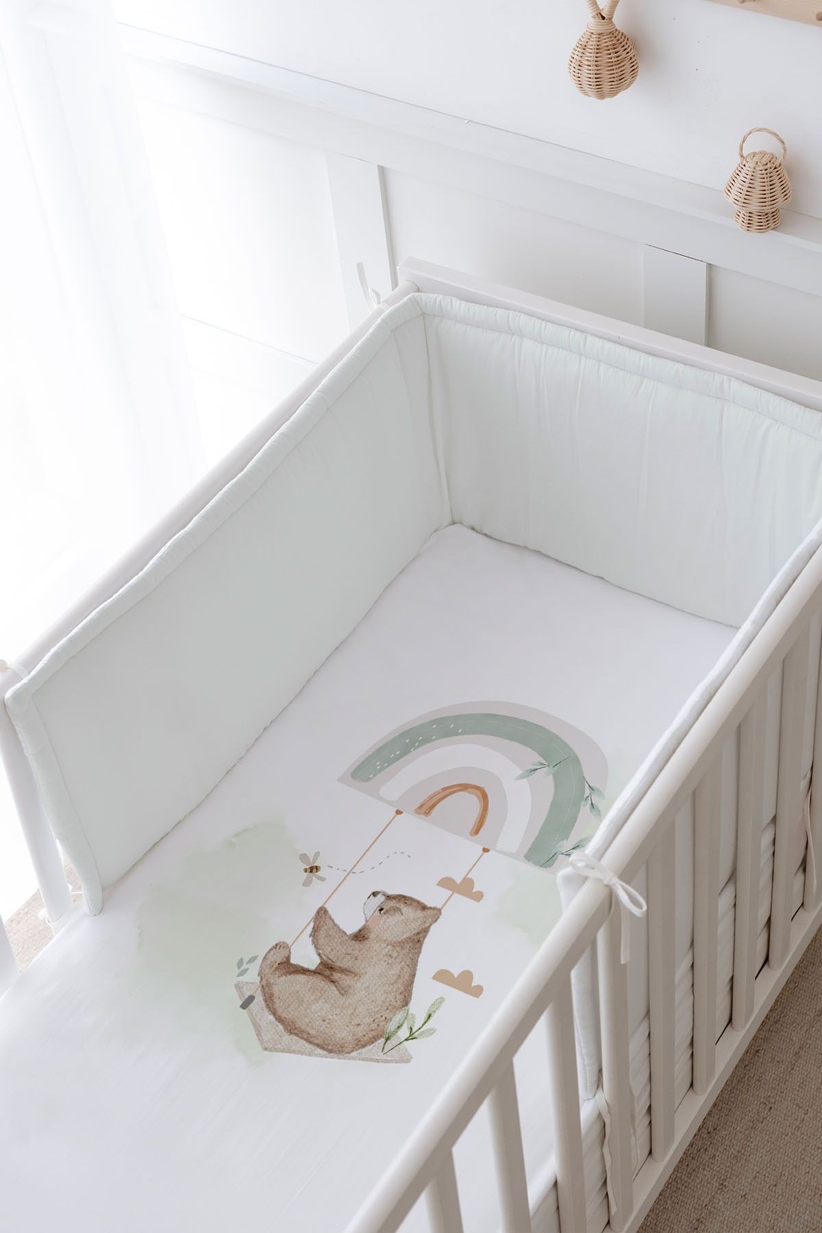 Bebek Başucu Koruyucu ve Baskılı Çarşaflı Uyku Seti - Royal Serisi - Welcome Baby Bear