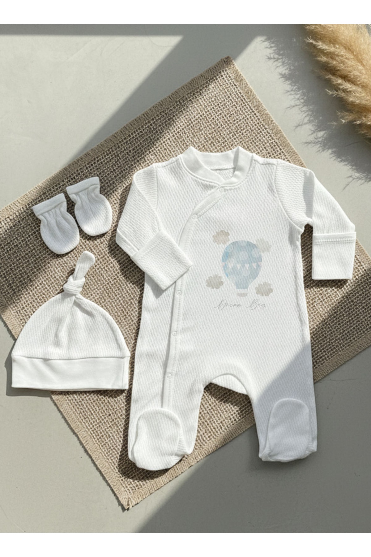 Jakarlı Tulum Şapka Eldiven - Pure Baby - Mavi Hava Balonu