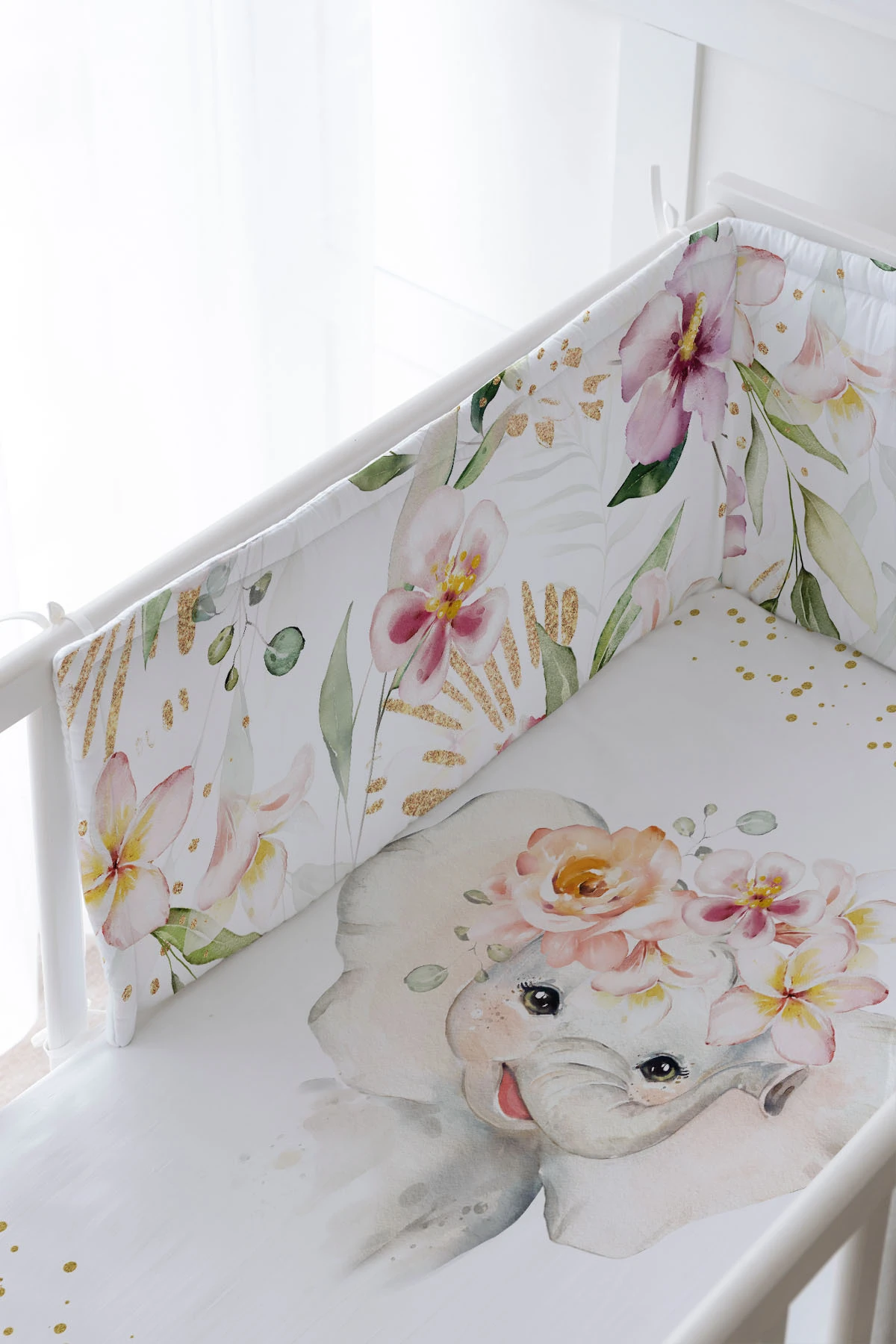 Bebek Başucu Koruyucu ve Baskılı Çarşaflı Uyku Seti - For Baby Serisi - Suluboya Fil