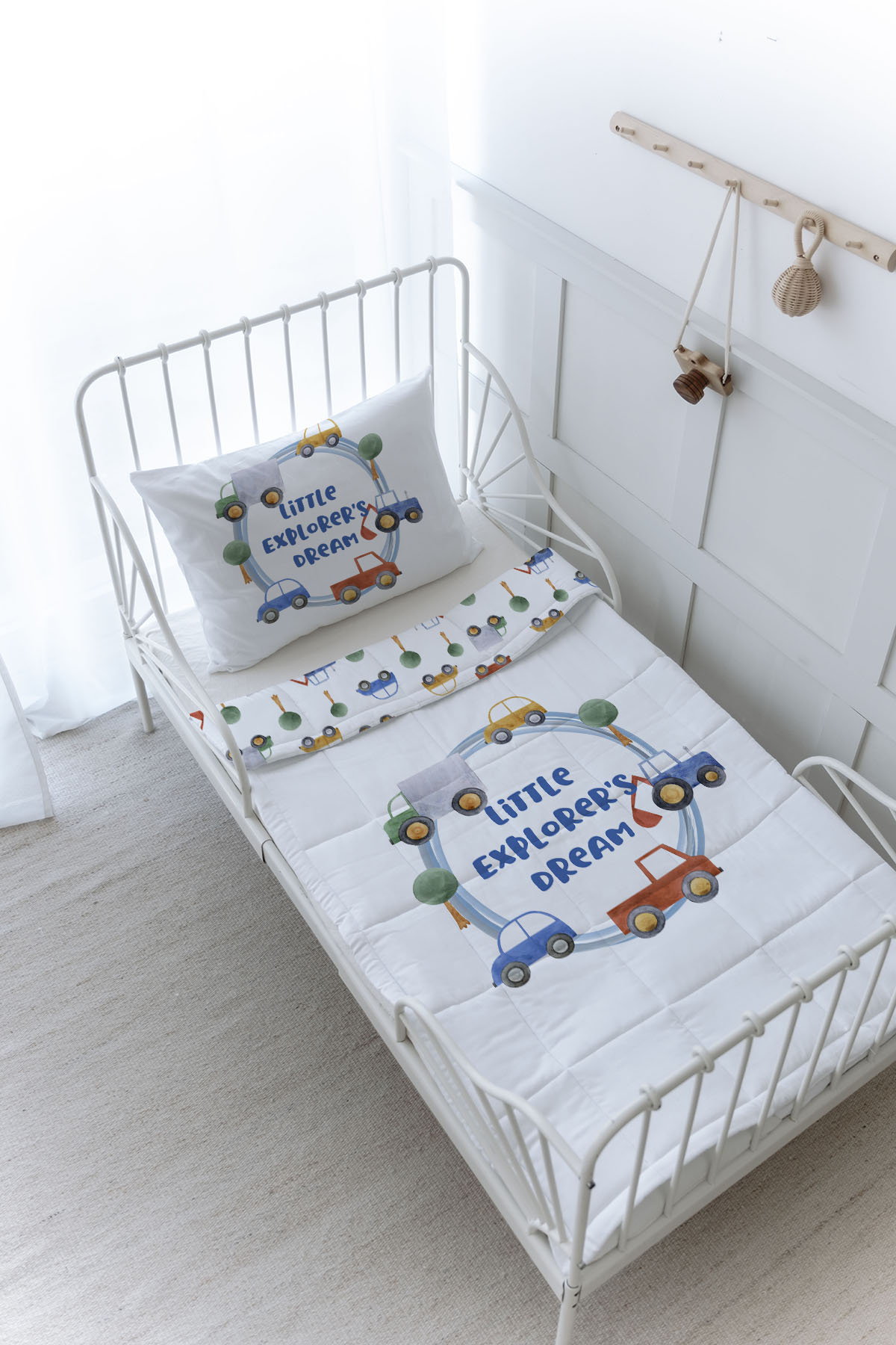 Organik Baskılı Yorgan Seti - For Baby Serisi - Mavi Çemberde Arabalar