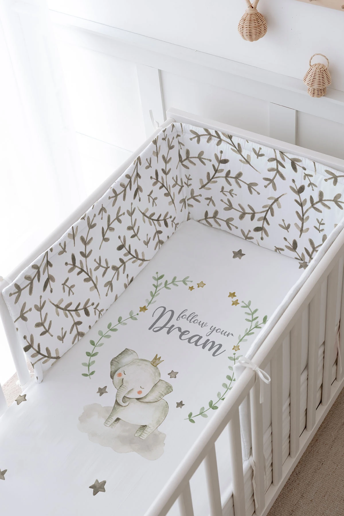 Bebek Başucu Koruyucu ve Baskılı Çarşaflı Uyku Seti - For Baby Serisi - Damask Filli