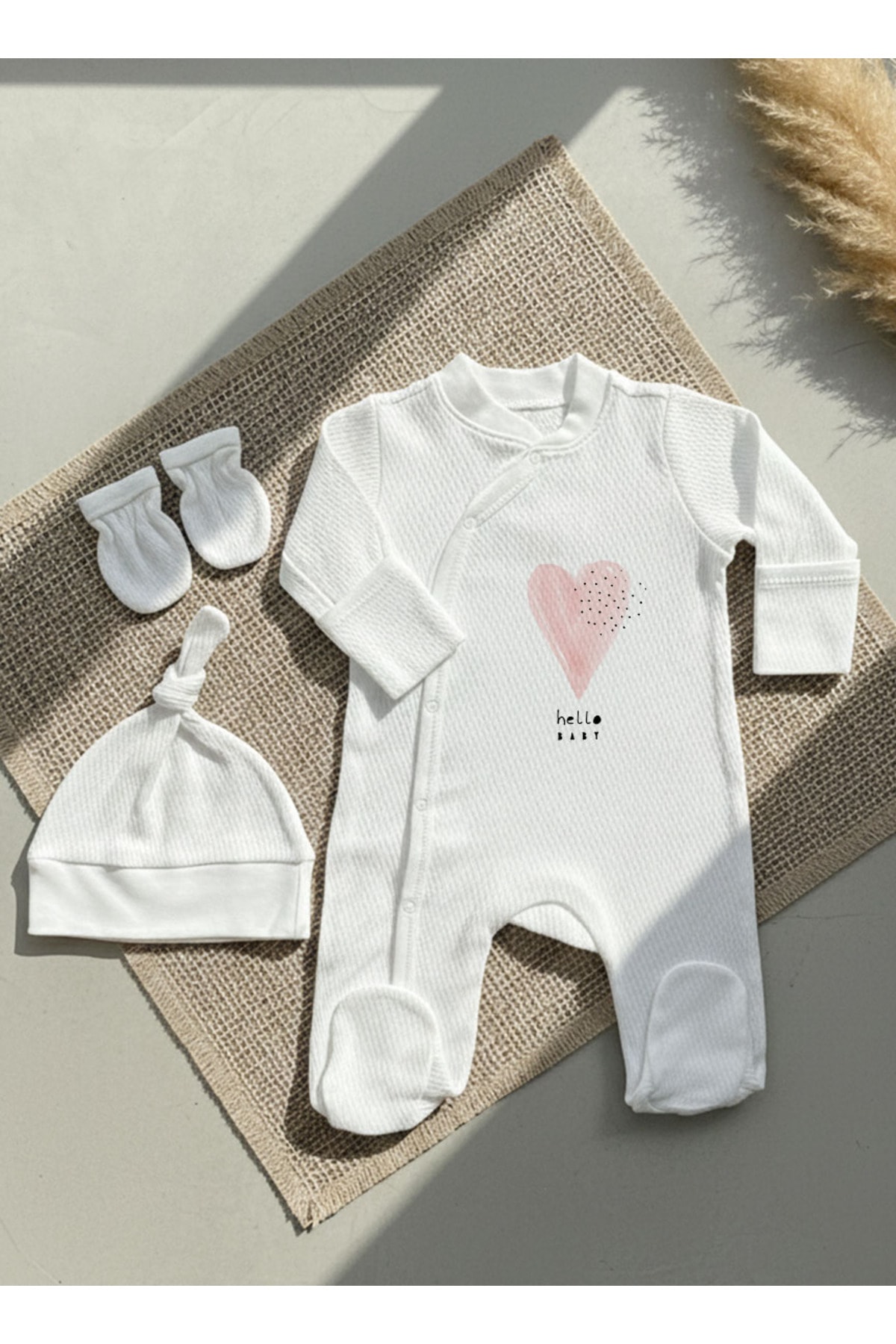 Jakarlı Tulum Şapka Eldiven - Pure Baby - Pembe Romantik Kalp