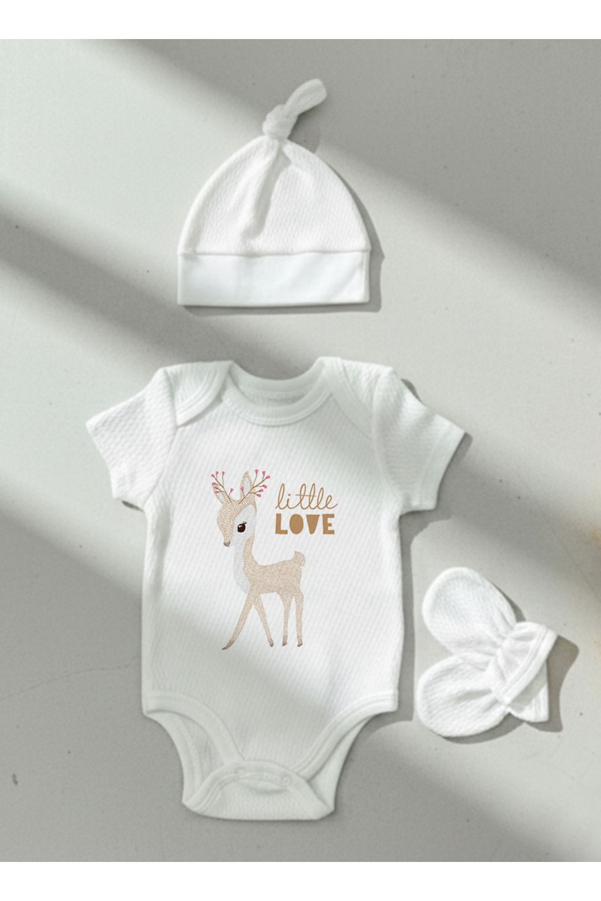 Jakarlı Body Şapka Eldiven - Pure Baby - Çiçek Boynuzlu Geyik