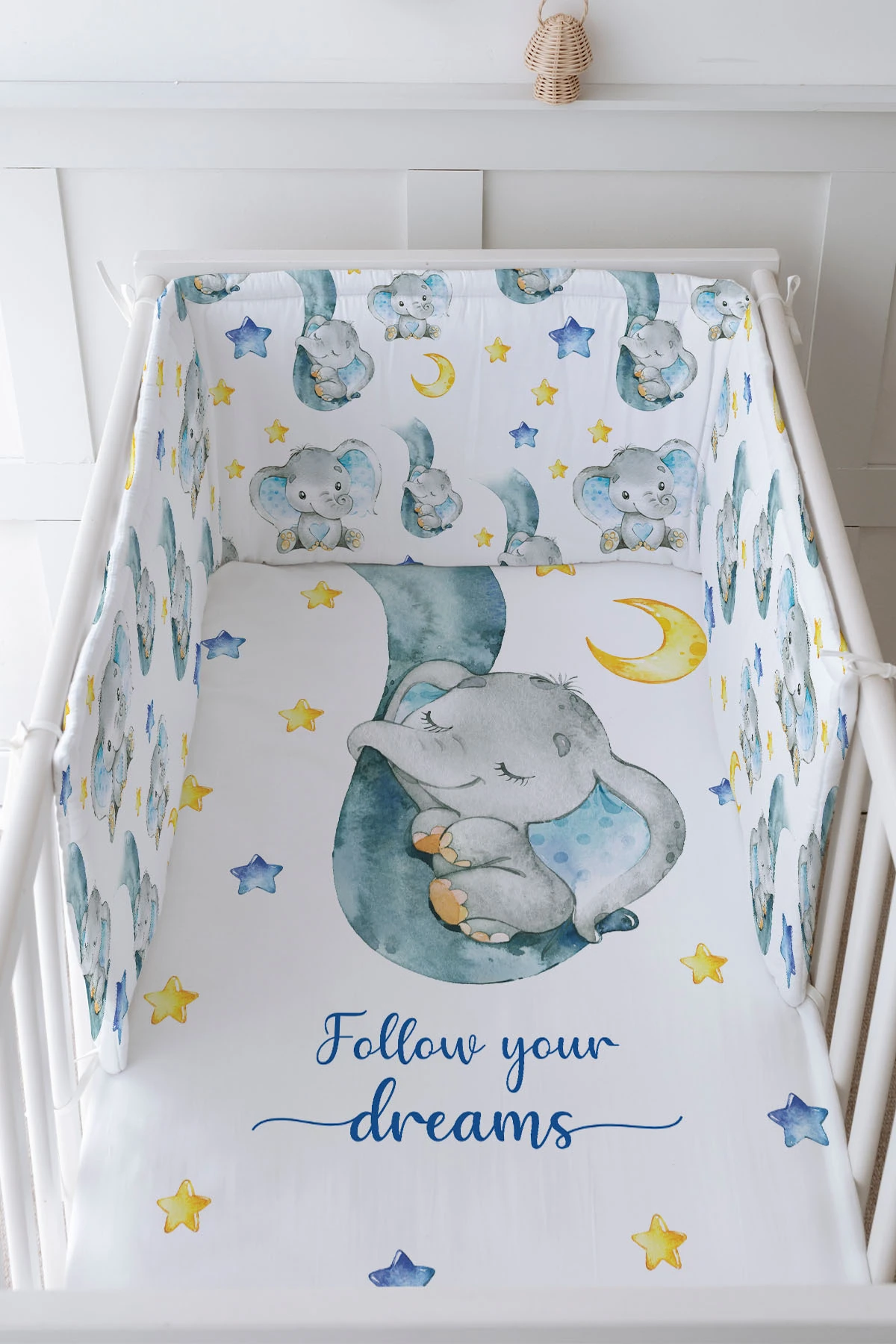 Bebek Başucu Koruyucu ve Baskılı Çarşaflı Uyku Seti - For Baby Serisi - Hortumda Mavi Fil