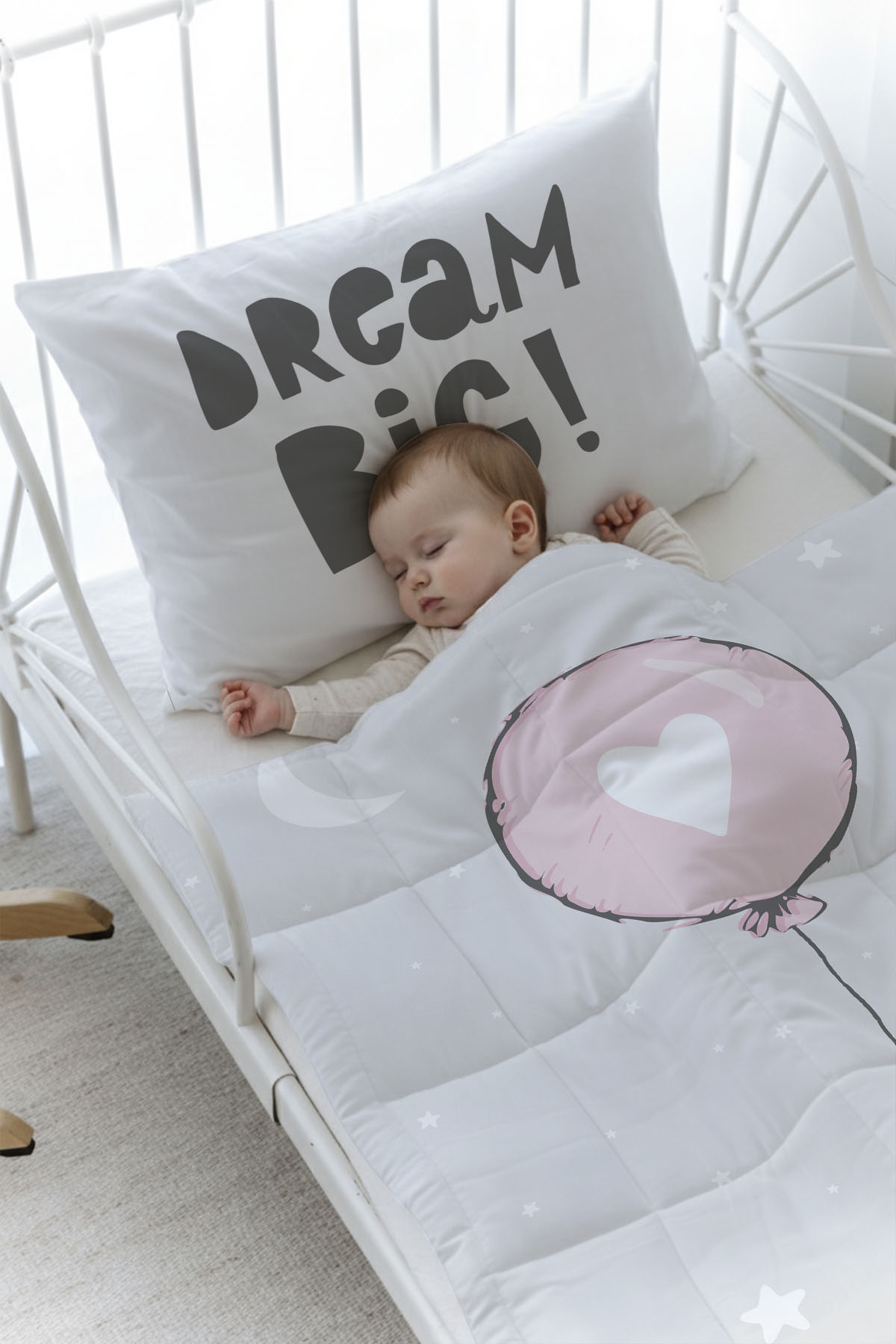 Organik Baskılı Yorgan Seti - Pure Baby Serisi - Pembe Kalpli Balon