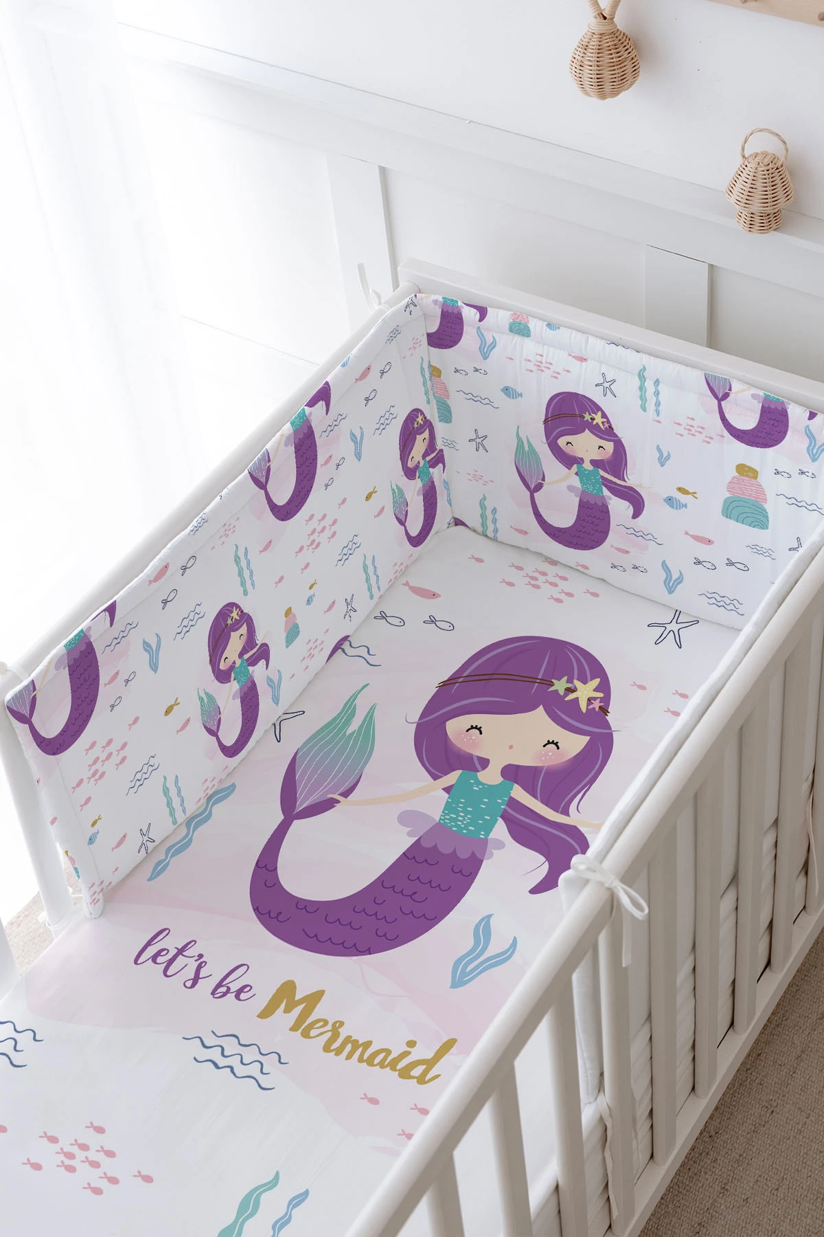 Bebek Başucu Koruyucu ve Baskılı Çarşaflı Uyku Seti - For Baby Serisi - Mor Deniz Kızı