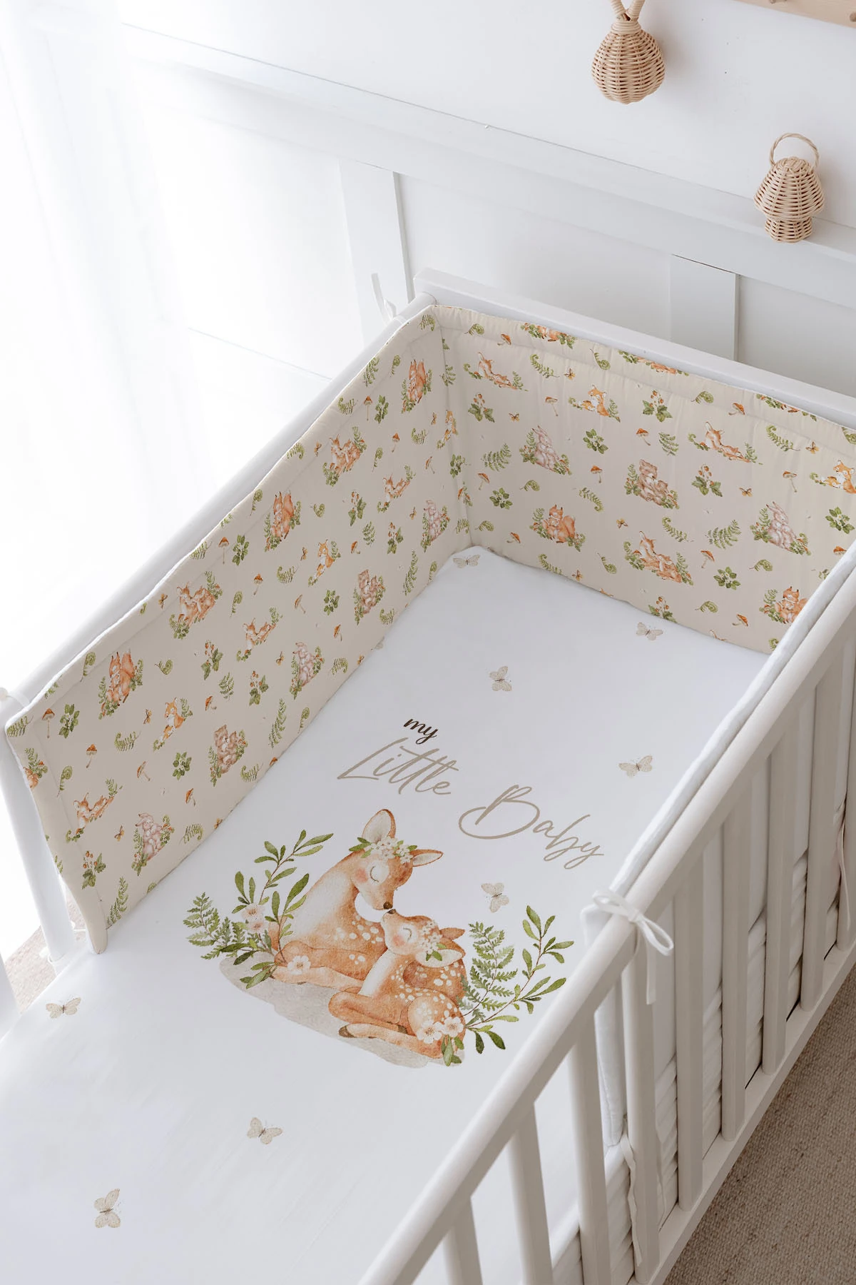 Bebek Başucu Koruyucu ve Baskılı Çarşaflı Uyku Seti - For Baby Serisi - Mom And Baby Deer