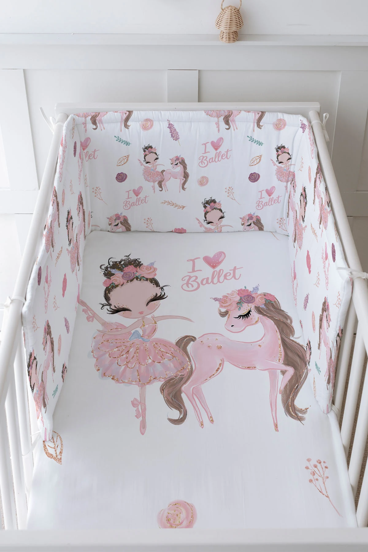 Bebek Başucu Koruyucu Ve Baskılı Çarşaflı Uyku Seti - For Baby Serisi - Balerin Ve Unicorn