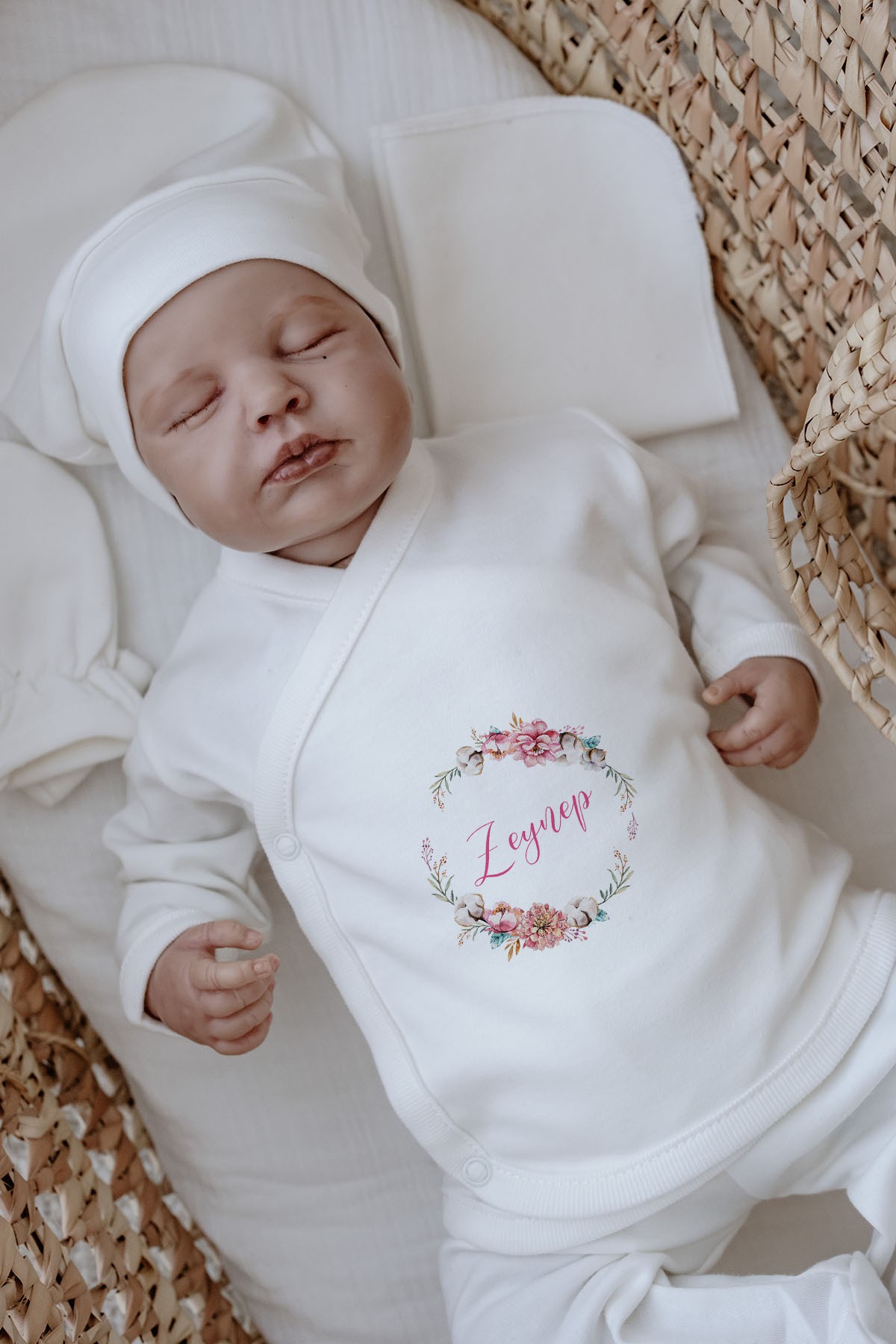 Organik 11'li Hastane Çıkışı - For Baby - Pamuk ve Pembe Çiçekli Çember