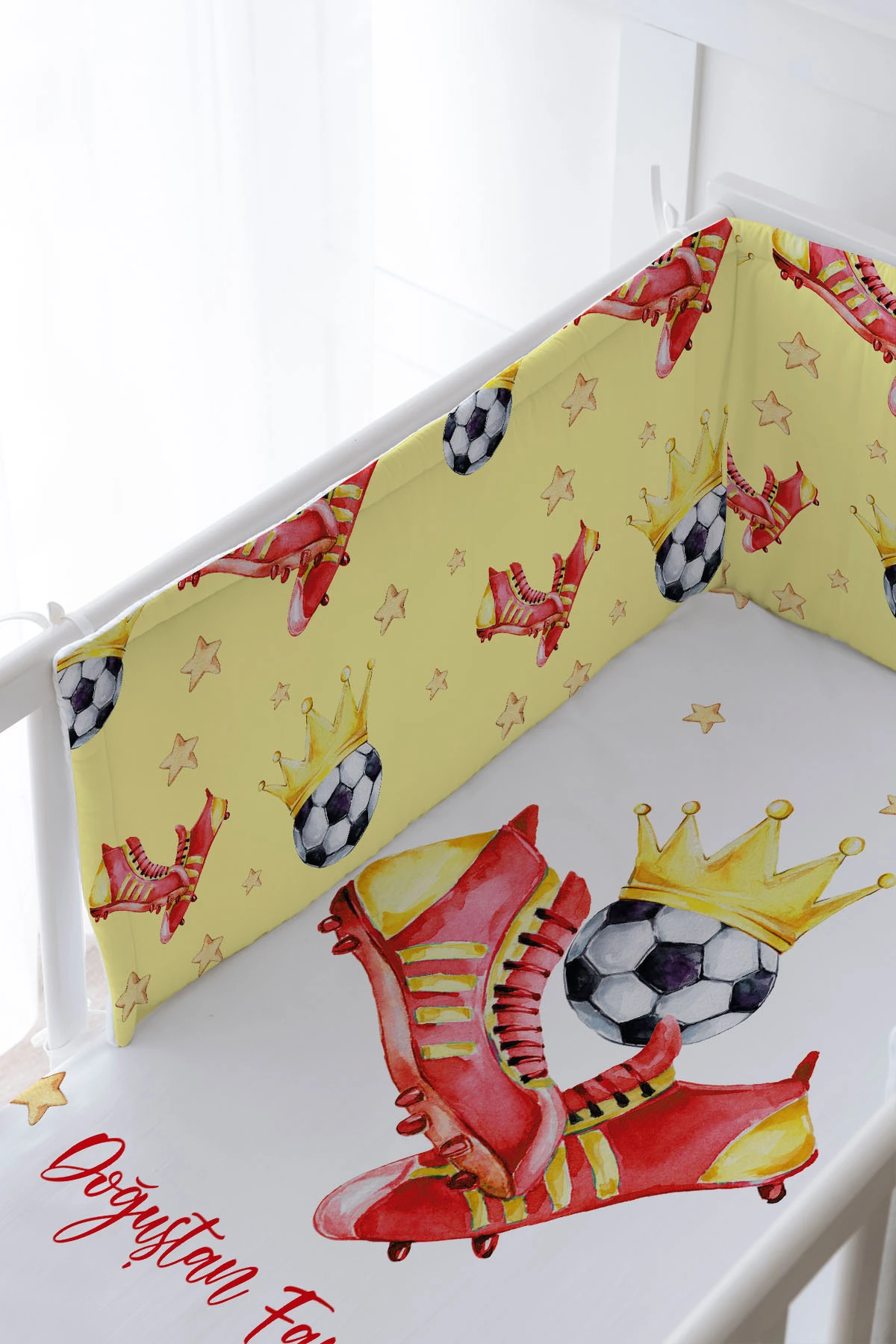 Bebek Başucu Koruyucu Ve Baskılı Çarşaflı Uyku Seti - For Baby Serisi - Sarı Kırmızı