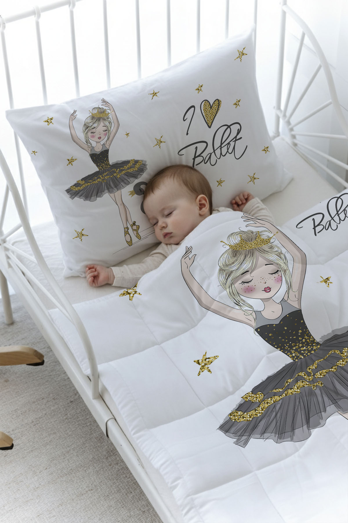 Organik Baskılı Yorgan Seti - For Baby Serisi - Siyah Kuğulu Balerin