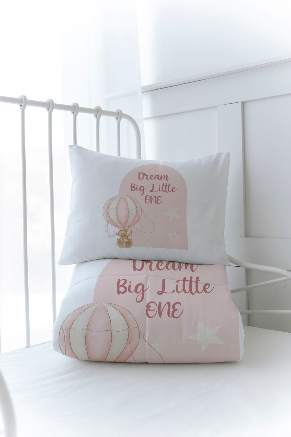 Organik Baskılı Yorgan Seti - For Baby Serisi - Pembe Balonda Ayı