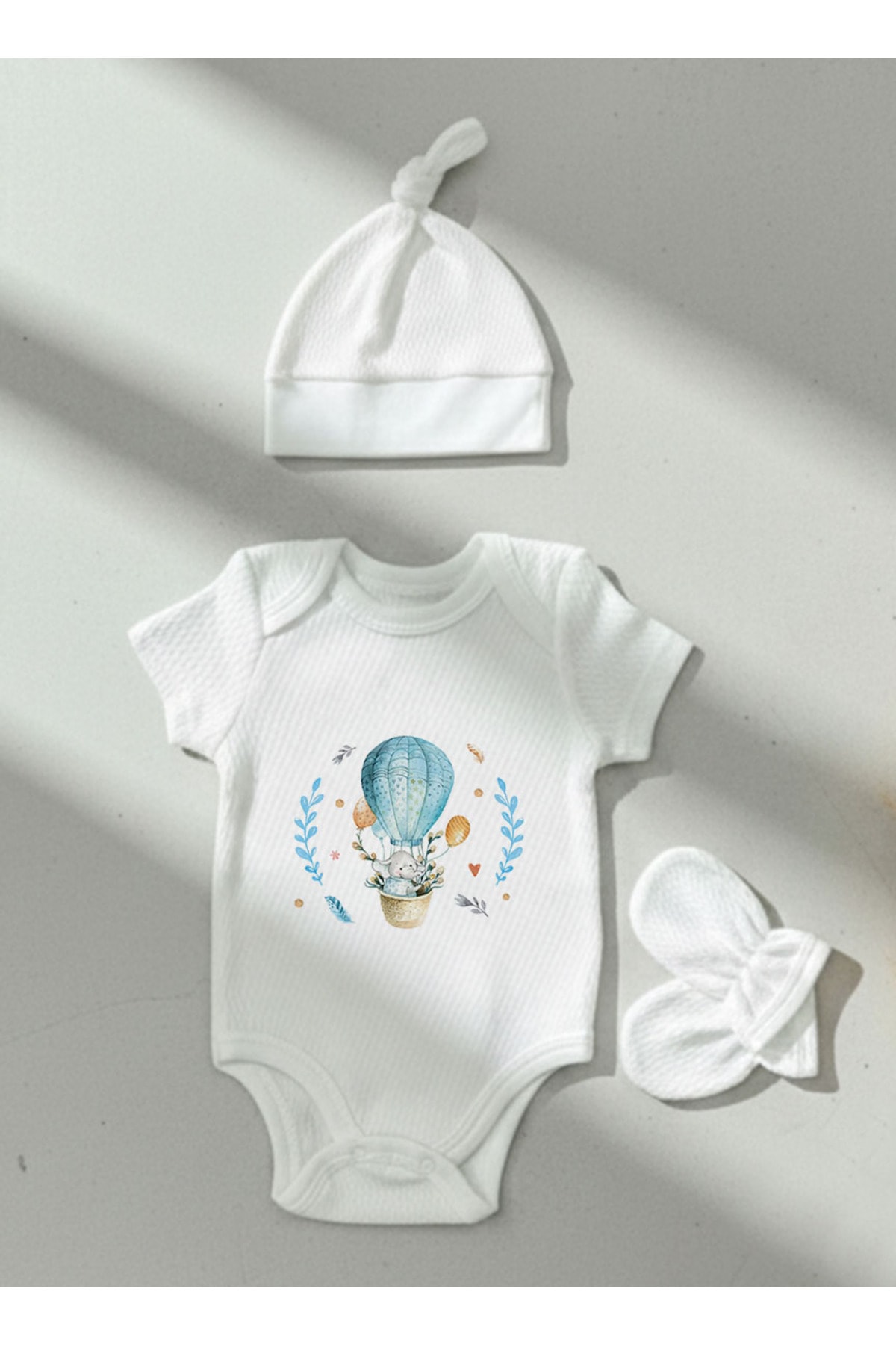 Jakarlı Body Şapka Eldiven - For Baby - Mavi Balonda Fil