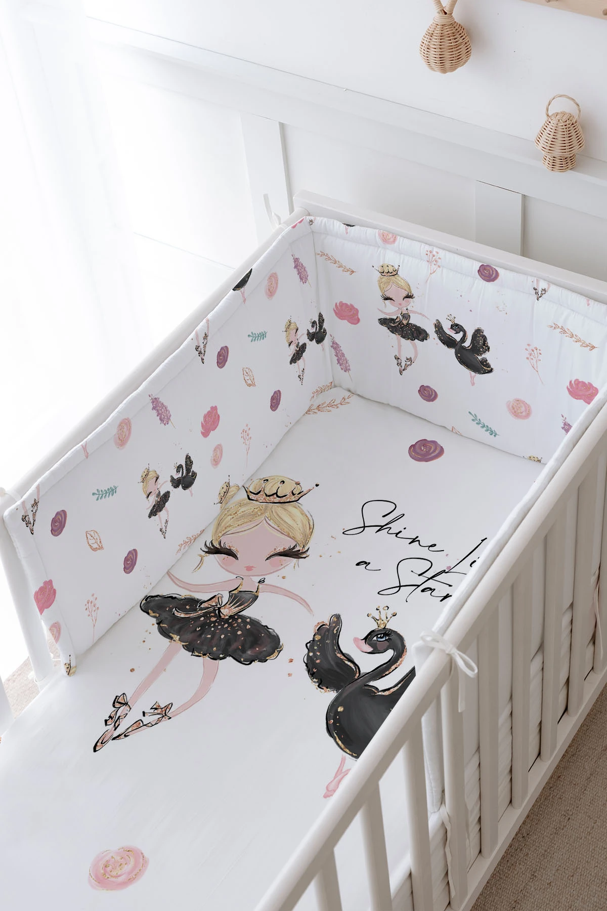 Bebek Başucu Koruyucu ve Baskılı Çarşaflı Uyku Seti - For Baby Serisi - Siyah Tütülü Balerin