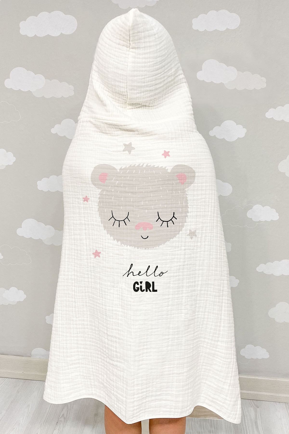 4 Kat Müslin Kapüşonlu Havlu - Pure Baby Serisi - Pembe Kulaklı Ayıcık