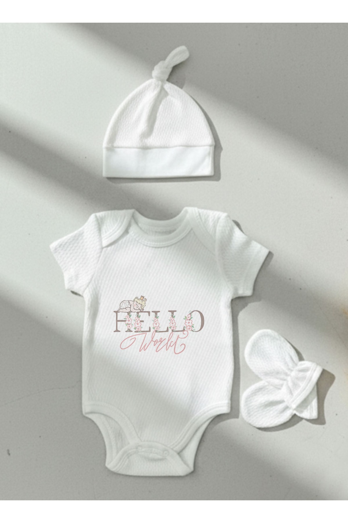 Jakarlı Body Şapka Eldiven - Pure Baby - Hello World