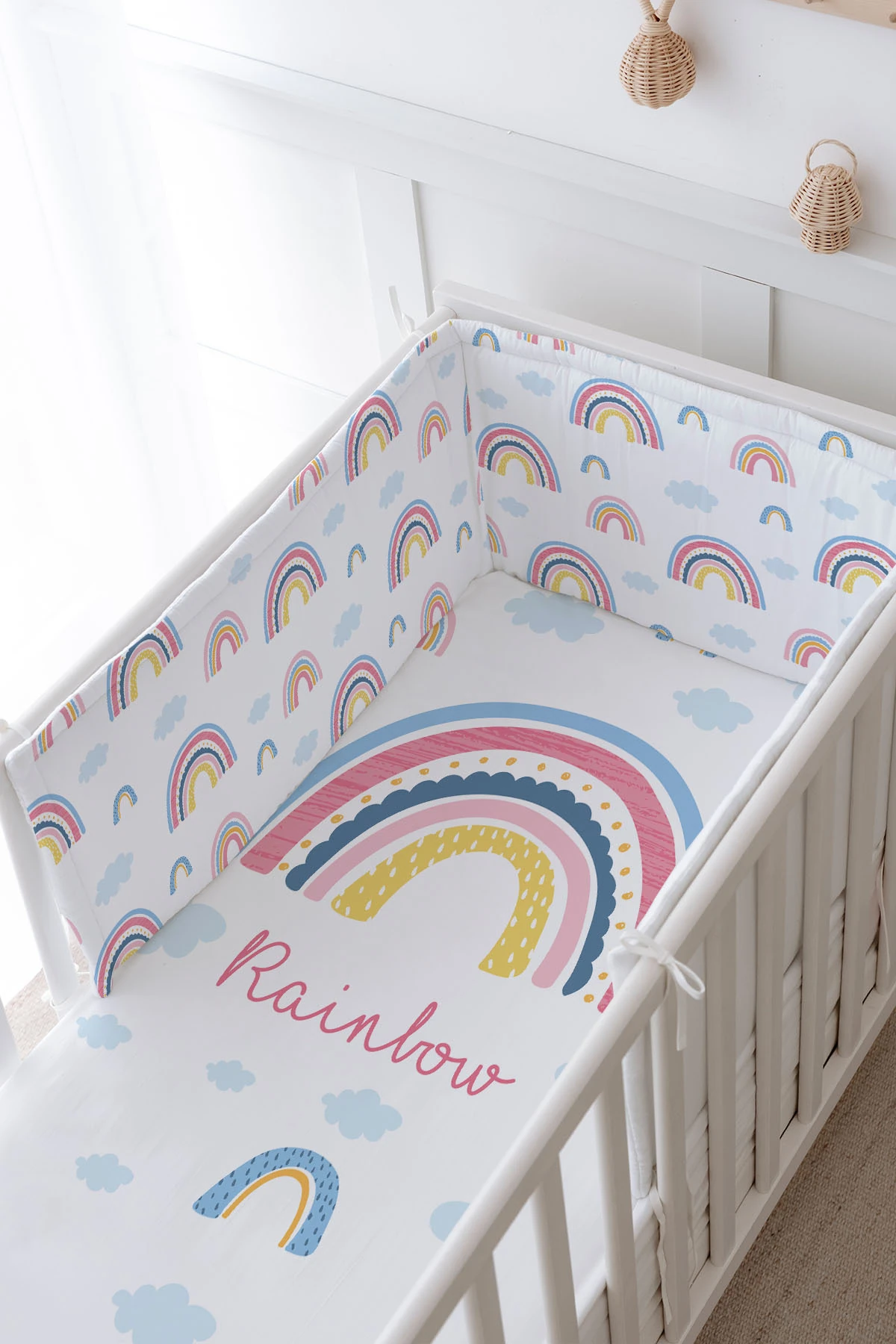 Bebek Başucu Koruyucu ve Baskılı Çarşaflı Uyku Seti - For Baby Serisi - Pembe Gökkuşağı