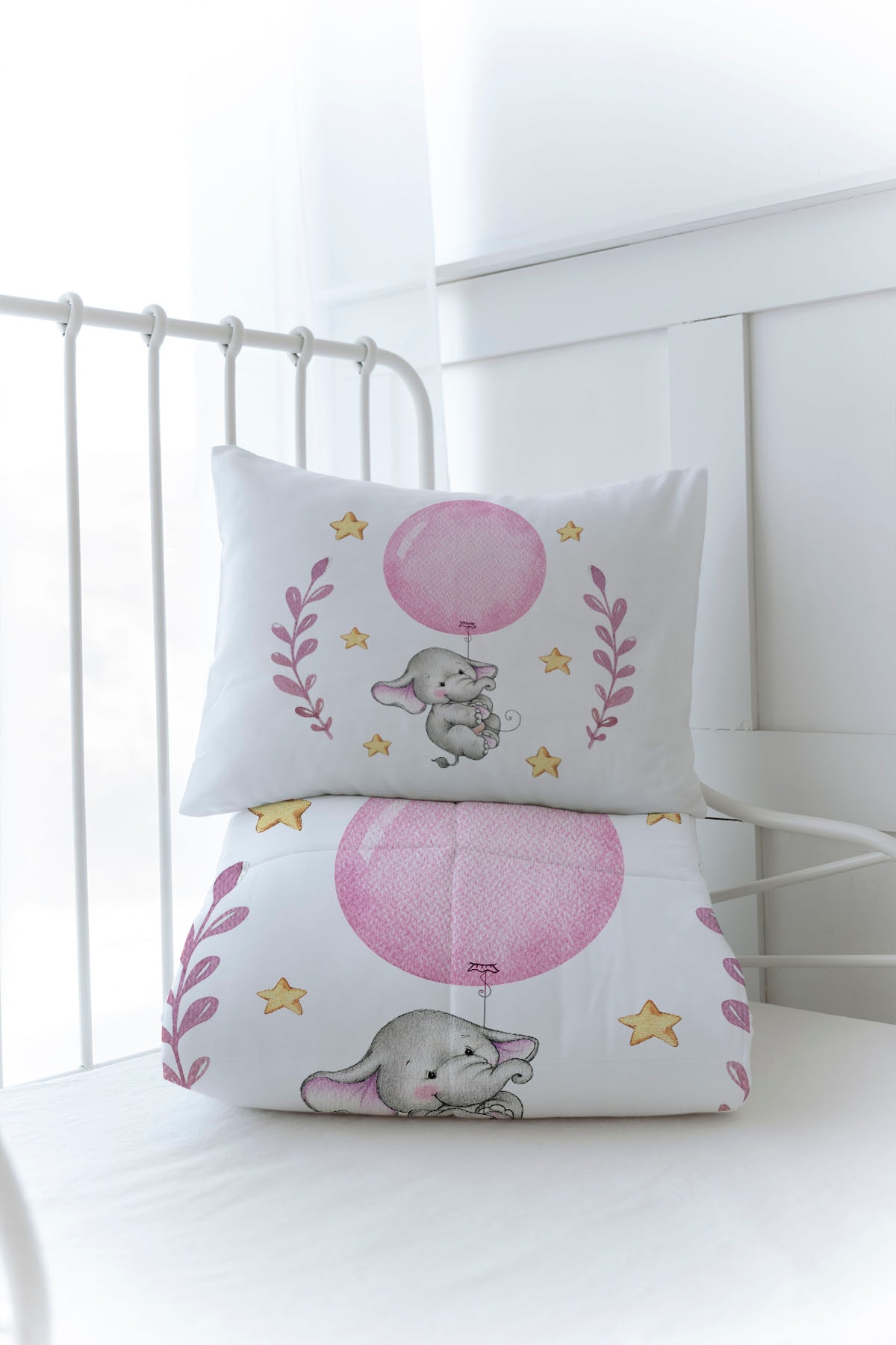 Organik Baskılı Yorgan Seti - For Baby Serisi - Pembe Büyük Balonlu Fil