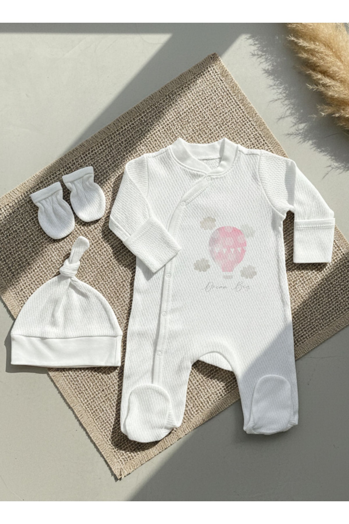 Jakarlı Tulum Şapka Eldiven - Pure Baby - Pembe Hava Balonu