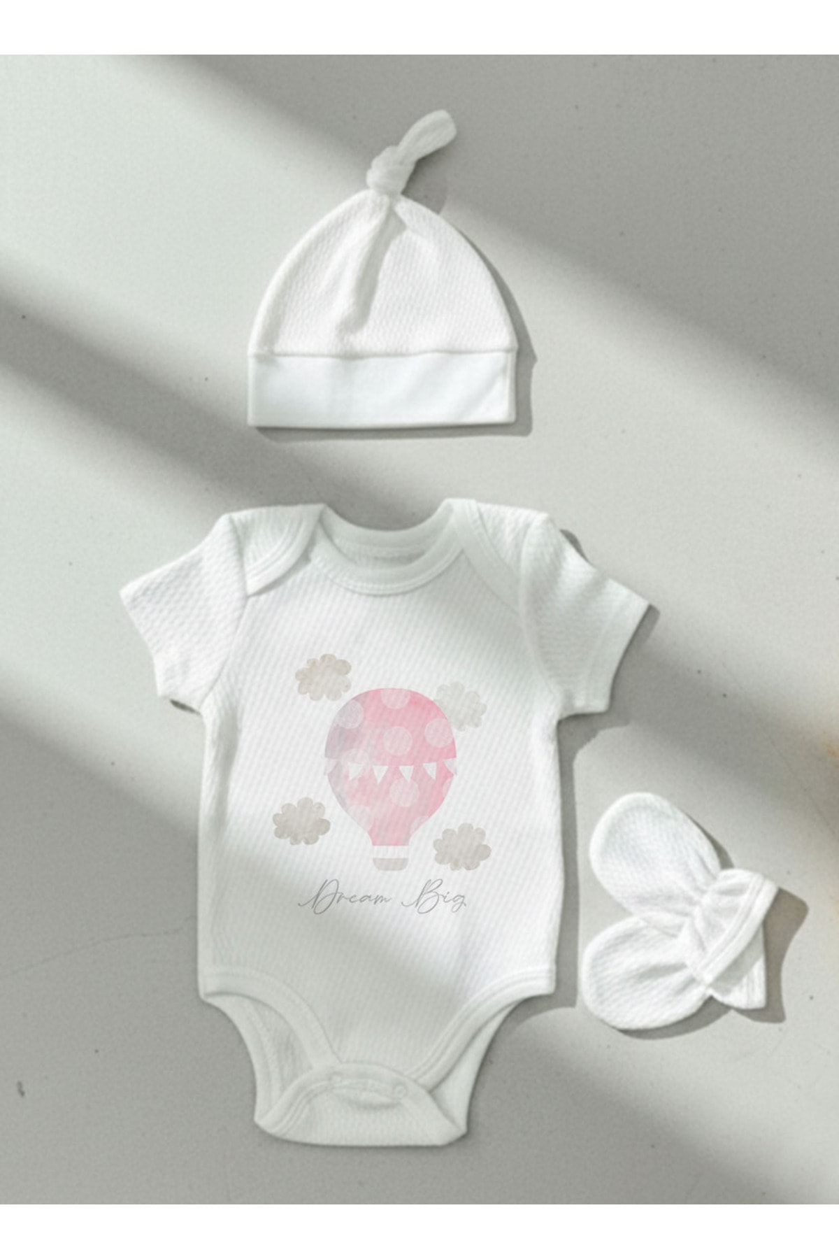 Jakarlı Body Şapka Eldiven - Pure Baby - Pembe Hava Balonu
