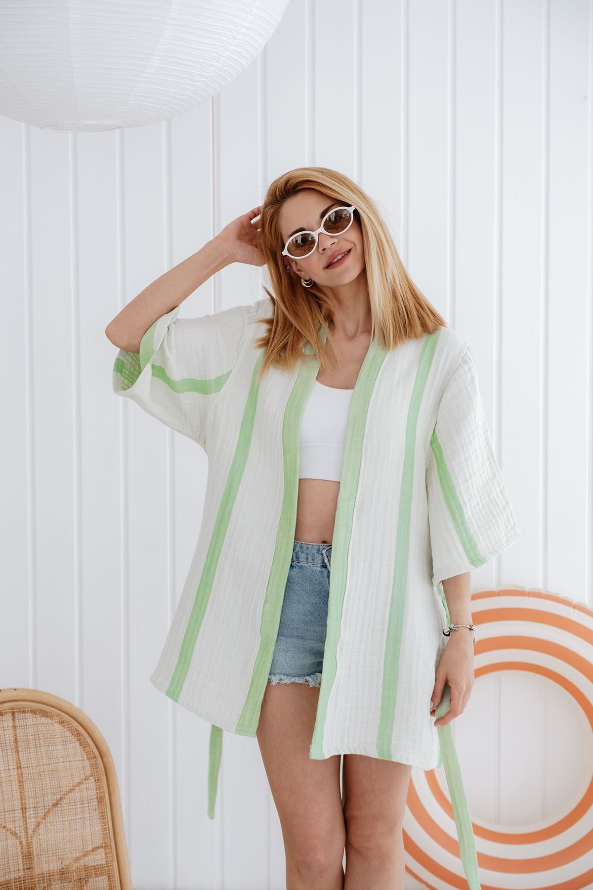 4 Kat Müslin Kimono - Yeşil
