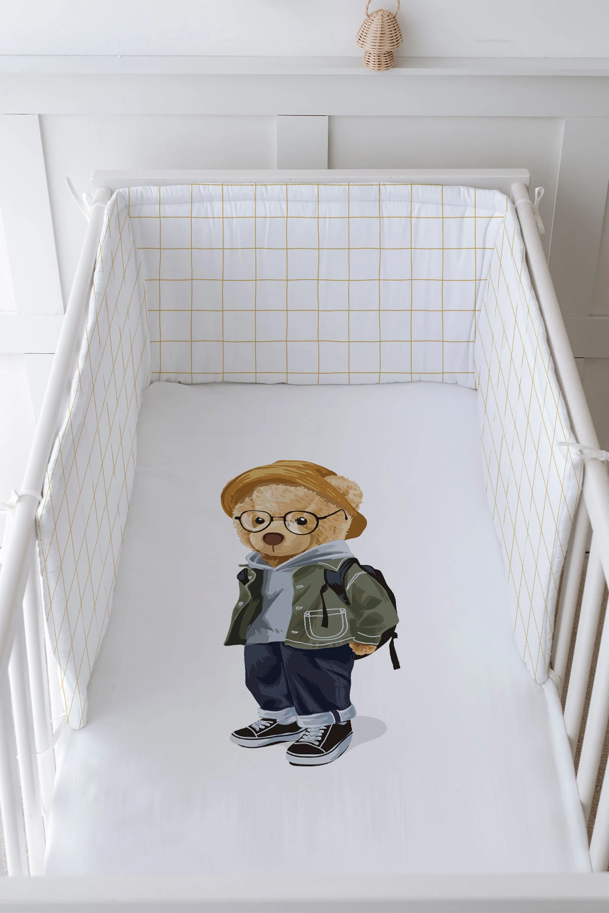 Bebek Başucu Koruyucu ve Baskılı Çarşaflı Uyku Seti - Pure Baby Serisi - Gözlüklü Ayıcık