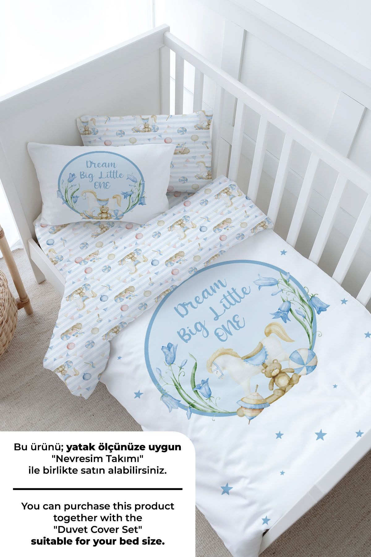 Bebek Boy Lastikli Çarşaf Seti - For Baby Serisi - Mavi Sallanan At