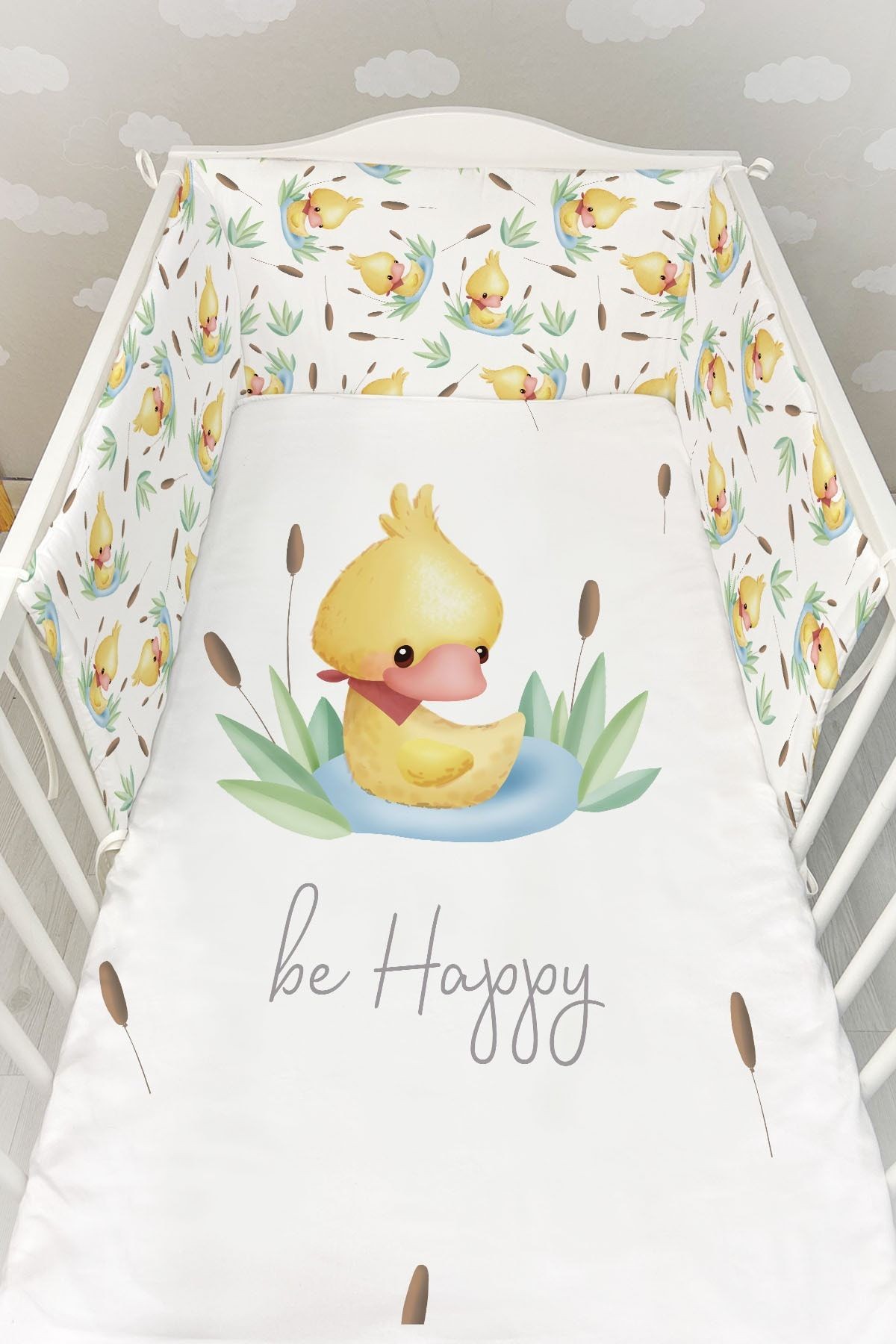 Bebek Başucu Koruyucu ve Baskılı Çarşaflı Uyku Seti - For Baby Serisi - Yavru Ördek
