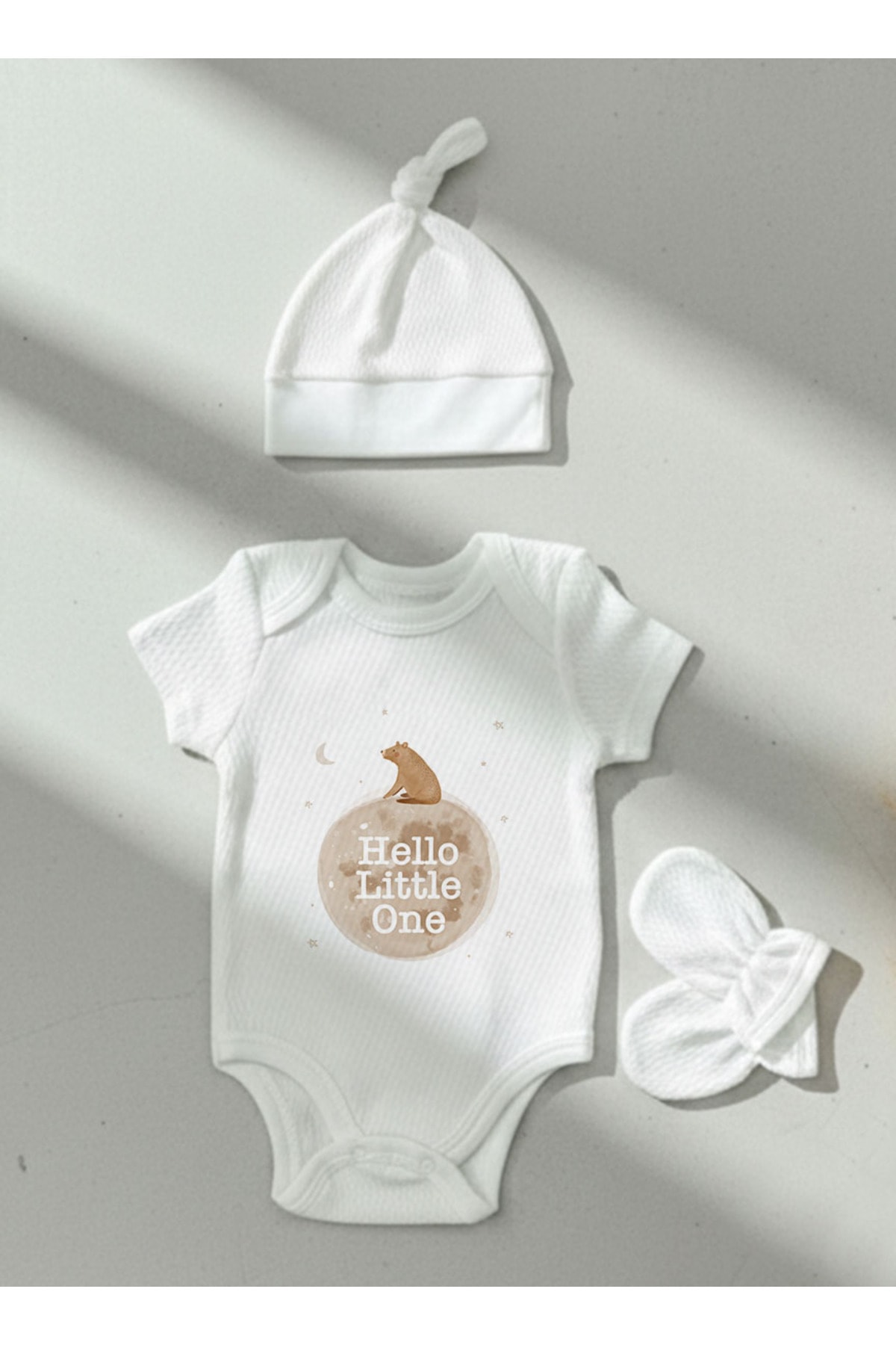 Jakarlı Body Şapka Eldiven - Pure Baby - Hello Bear