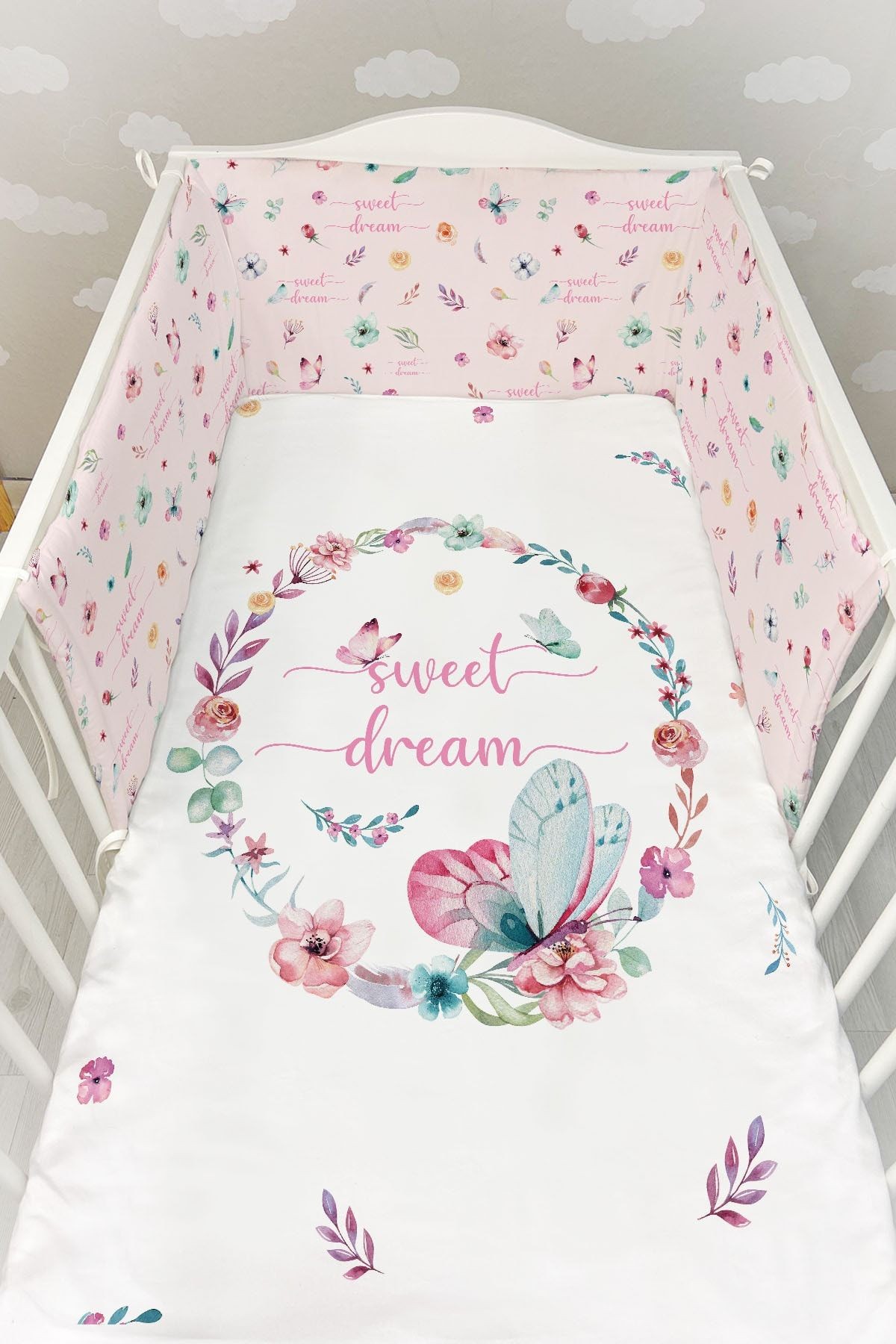 Bebek Başucu Koruyucu ve Baskılı Çarşaflı Uyku Seti - For Baby Serisi - Kelebekli Çember