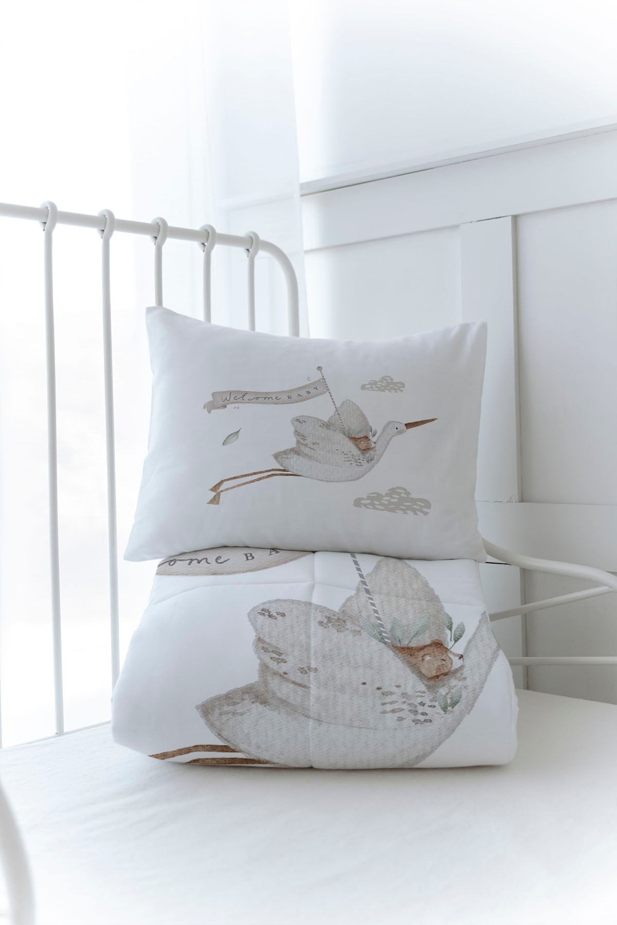 Organik Baskılı Yorgan Seti - Royal Series - Welcome Baby Stork