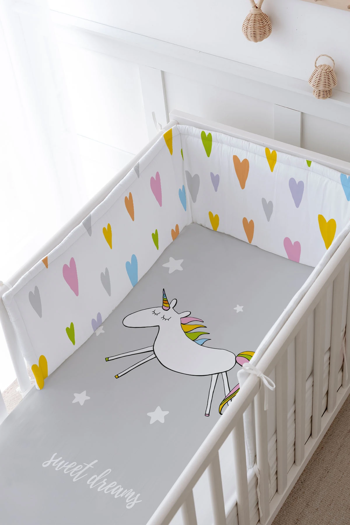 Bebek Başucu Koruyucu ve Baskılı Çarşaflı Uyku Seti - Pure Baby Serisi - Doodle Unicorn