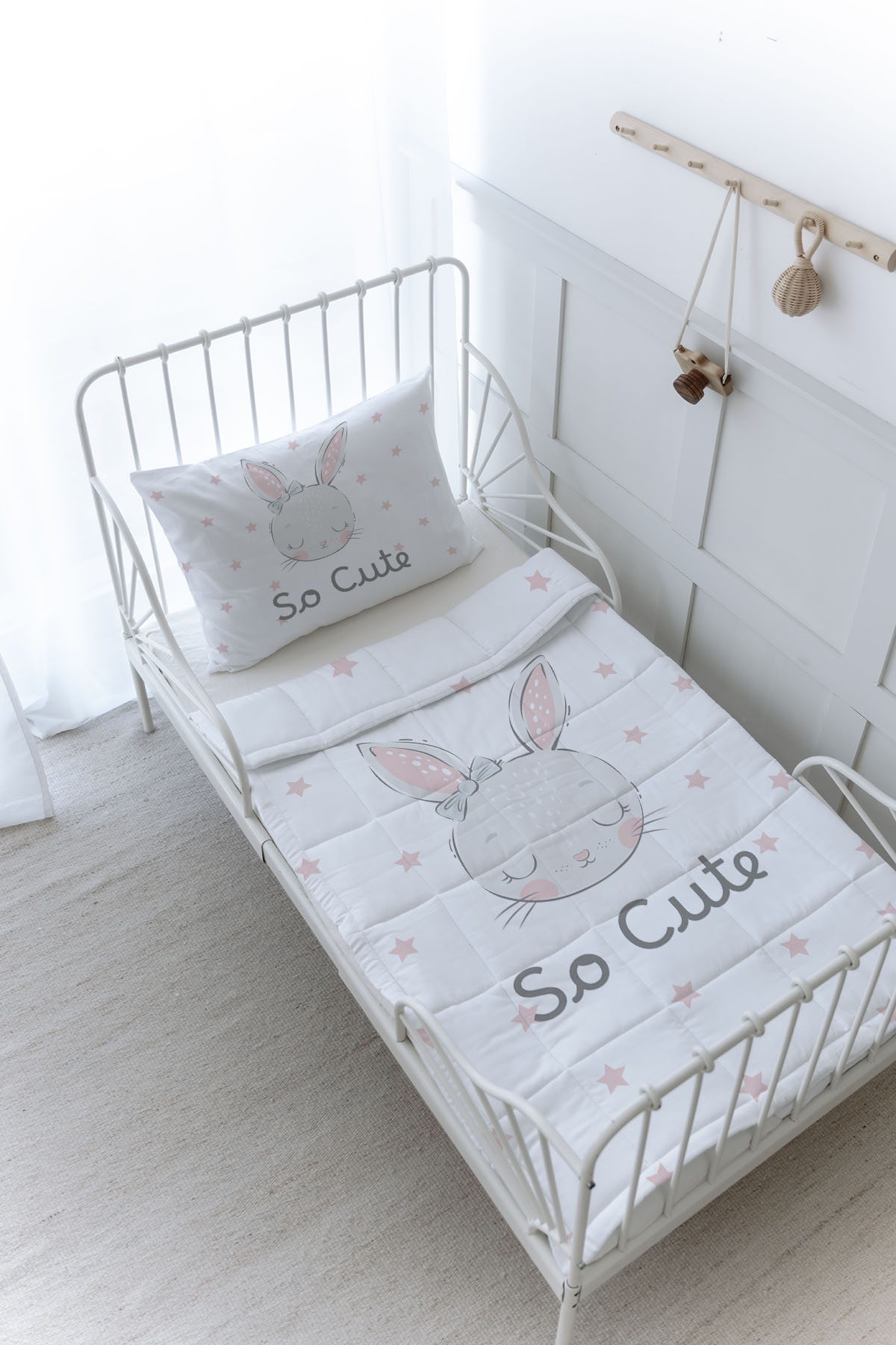Organik Baskılı Yorgan Seti - For Baby Serisi - Pembe Kulaklı Tavşan