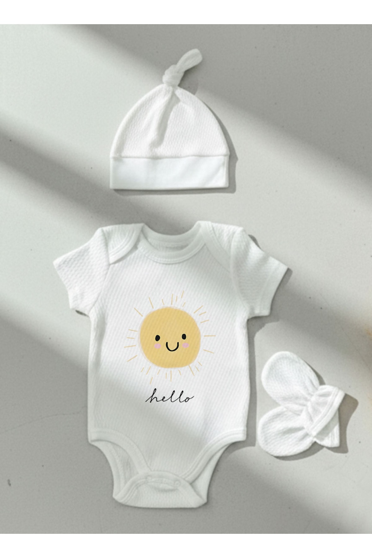 Jakarlı Body Şapka Eldiven - Pure Baby - Gülen Güneş