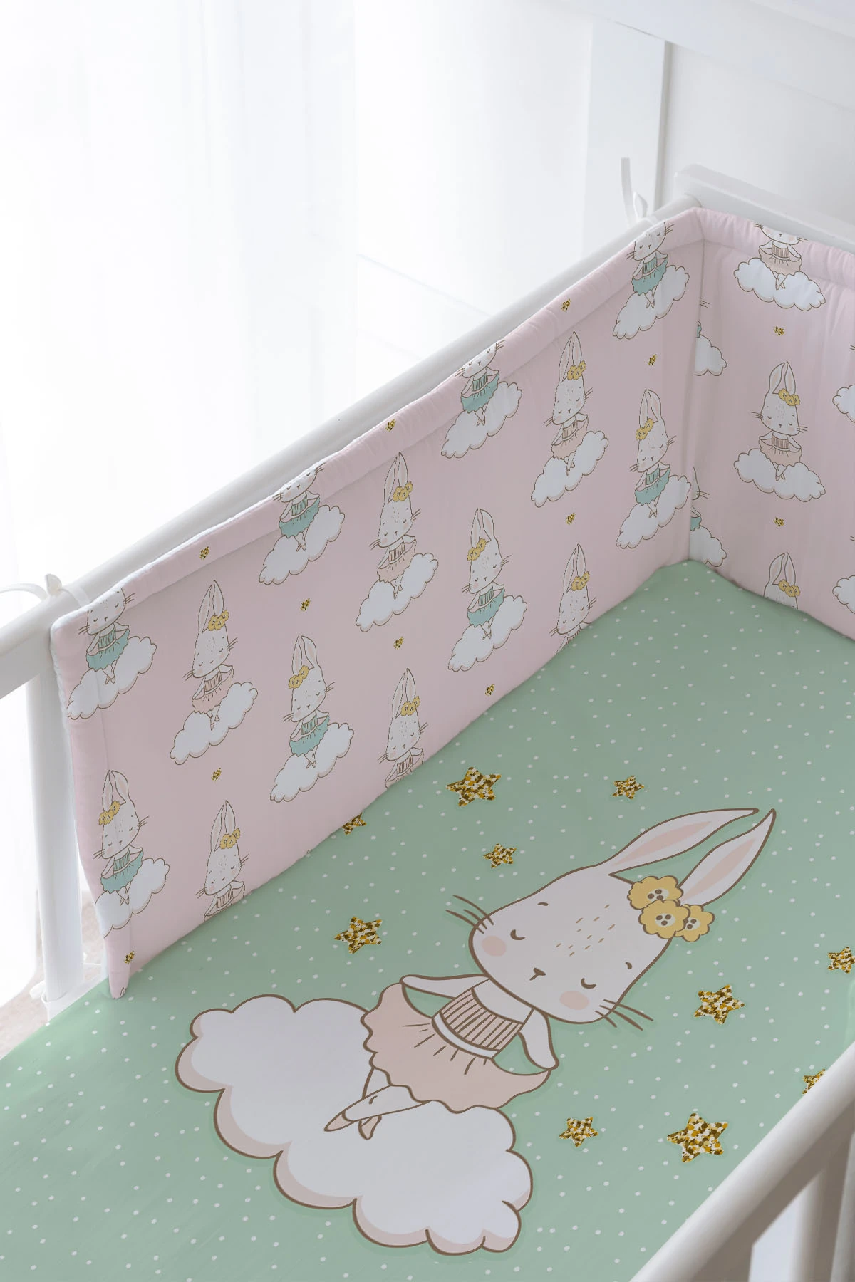 Bebek Başucu Koruyucu ve Baskılı Çarşaflı Uyku Seti - For Baby Serisi - Pembe Balerin Tavşan