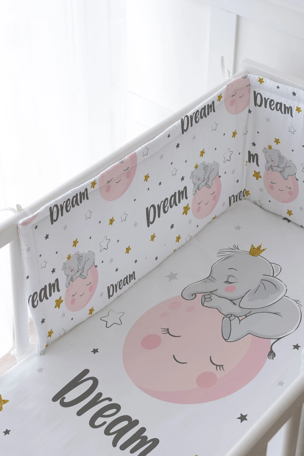 Bebek Başucu Koruyucu ve Baskılı Çarşaflı Uyku Seti - For Baby Serisi - Ayda Uyuyan Fil