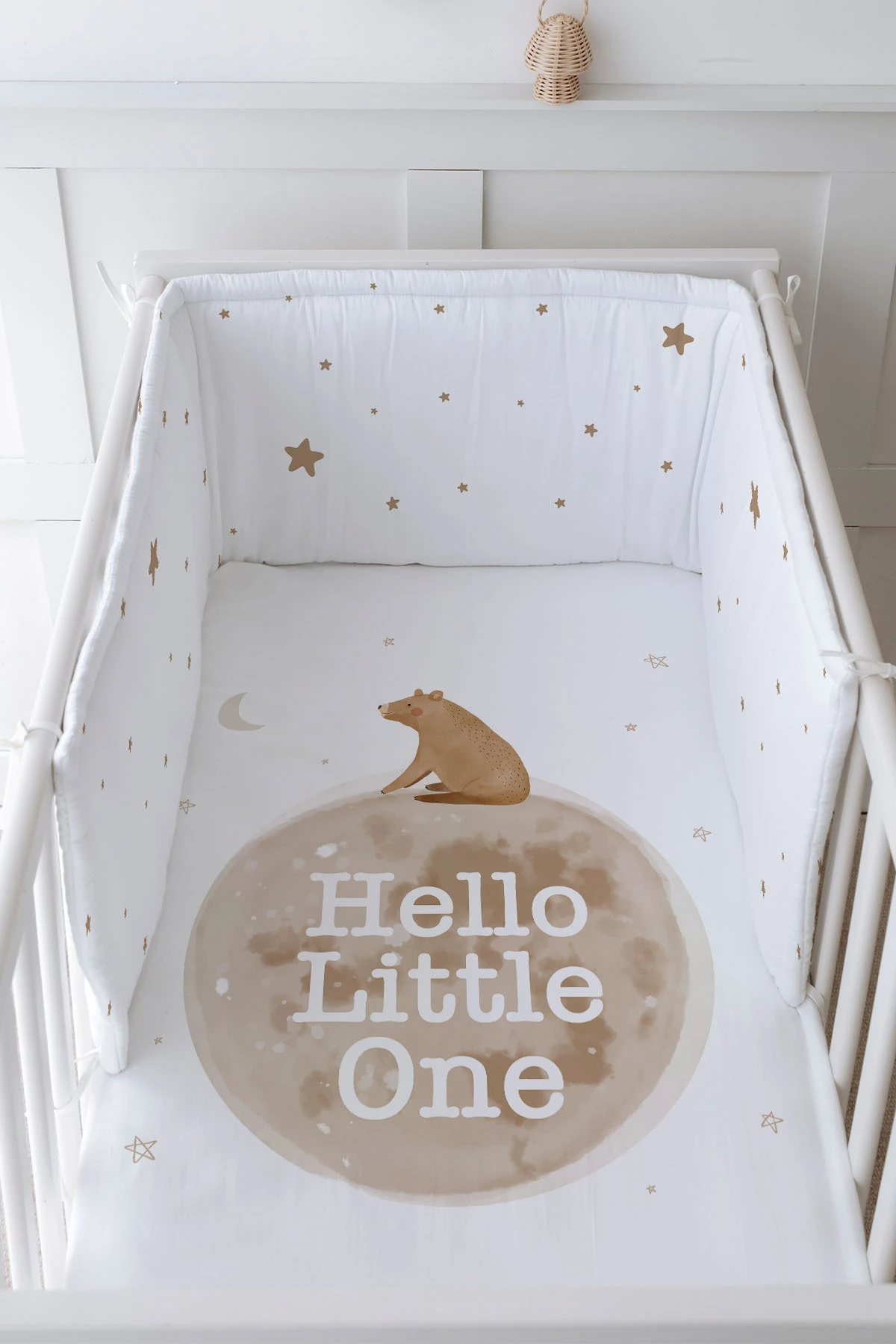 Bebek Başucu Koruyucu ve Baskılı Çarşaflı Uyku Seti - Pure Baby Serisi - Hello Bear