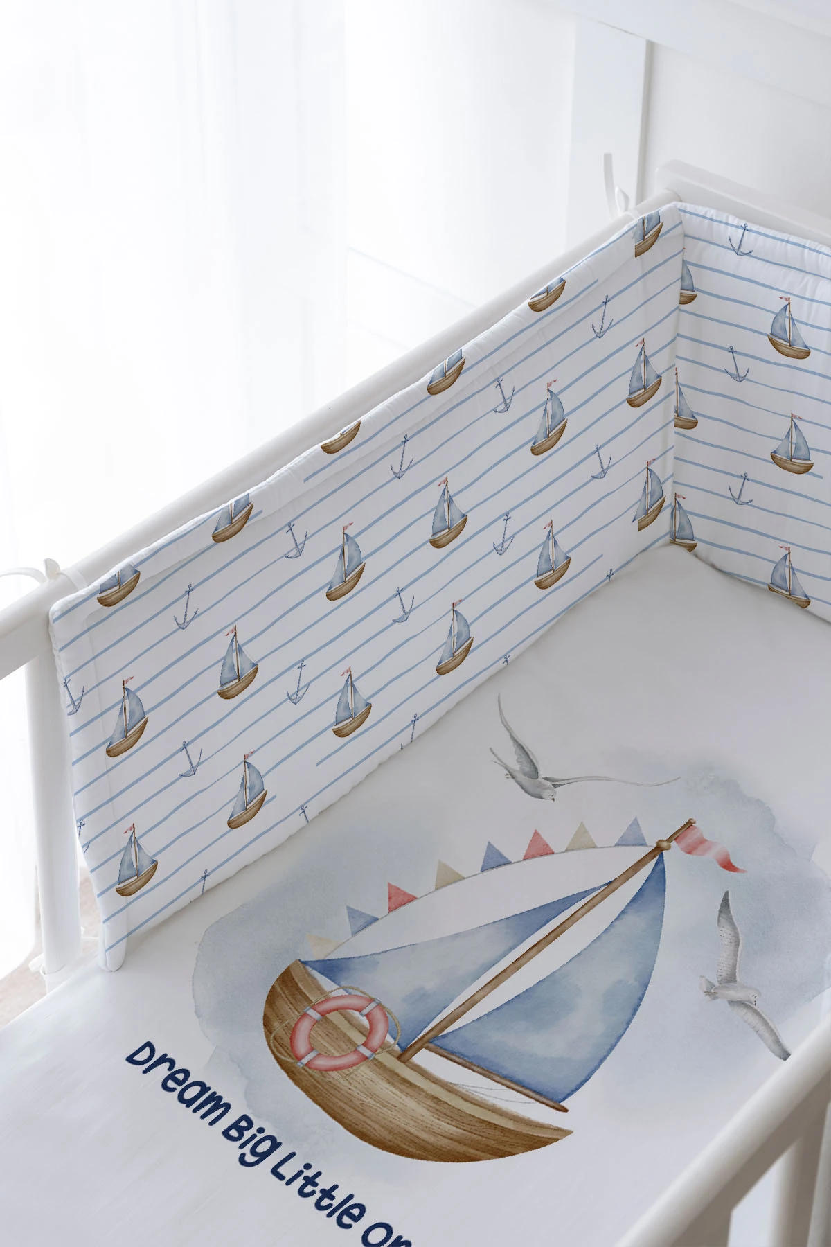 Bebek Başucu Koruyucu ve Baskılı Çarşaflı Uyku Seti - For Baby Serisi - Little Sailor