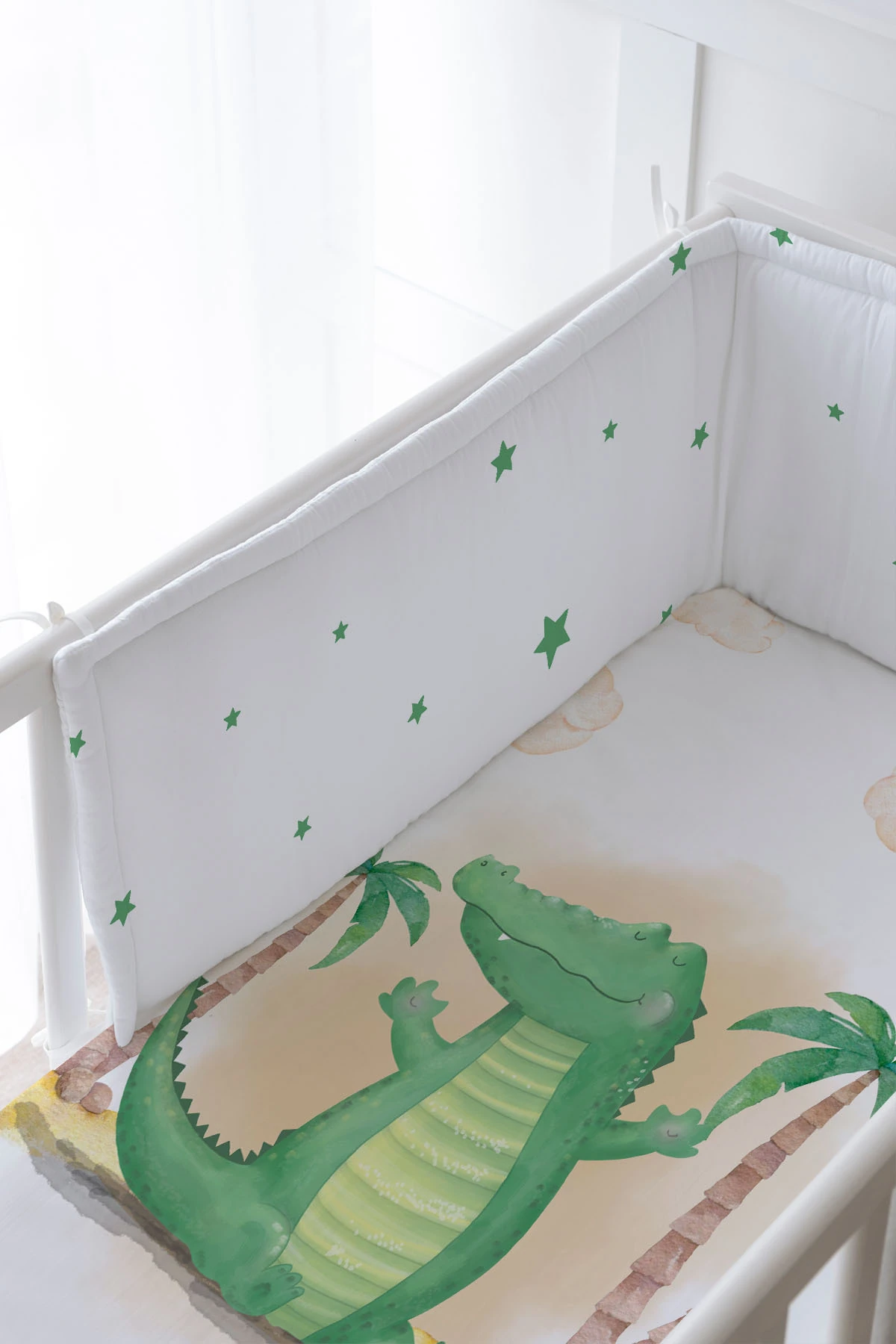 Bebek Başucu Koruyucu ve Baskılı Çarşaflı Uyku Seti - Pure Baby Serisi - Sevimli Timsah