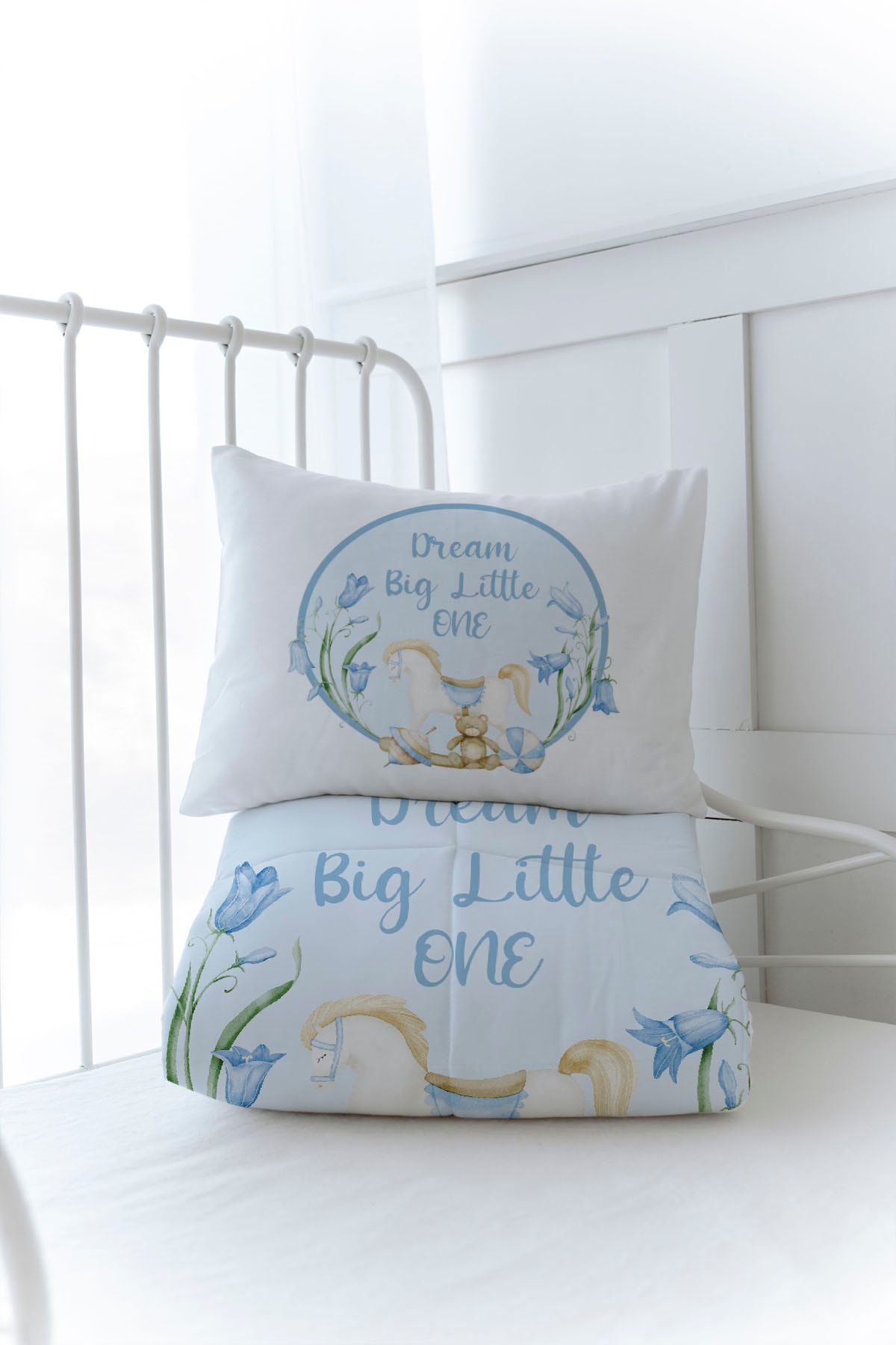 Organik Baskılı Yorgan Seti - For Baby Serisi - Mavi Sallanan At