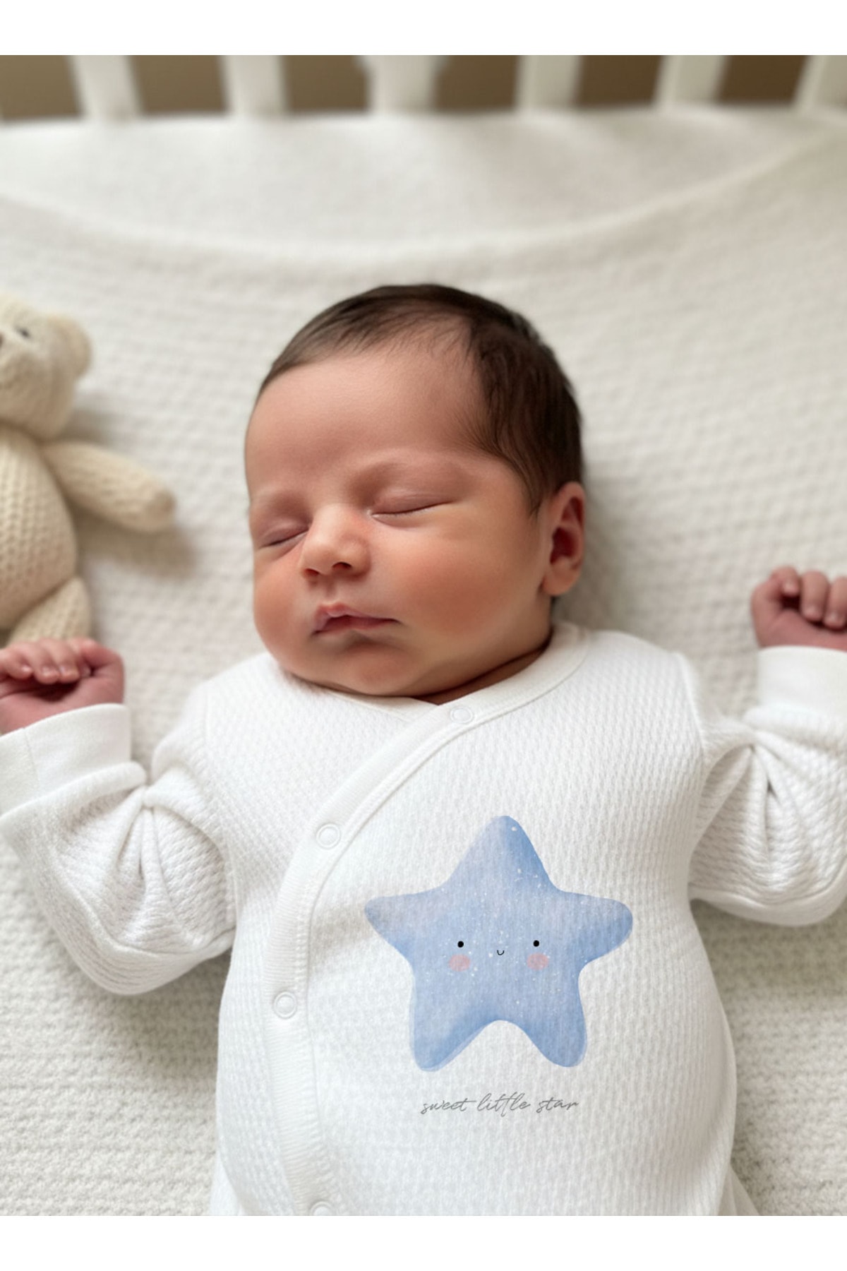 Jakarlı Tulum Şapka Eldiven - Pure Baby - Pofuduk Mavi Yıldız